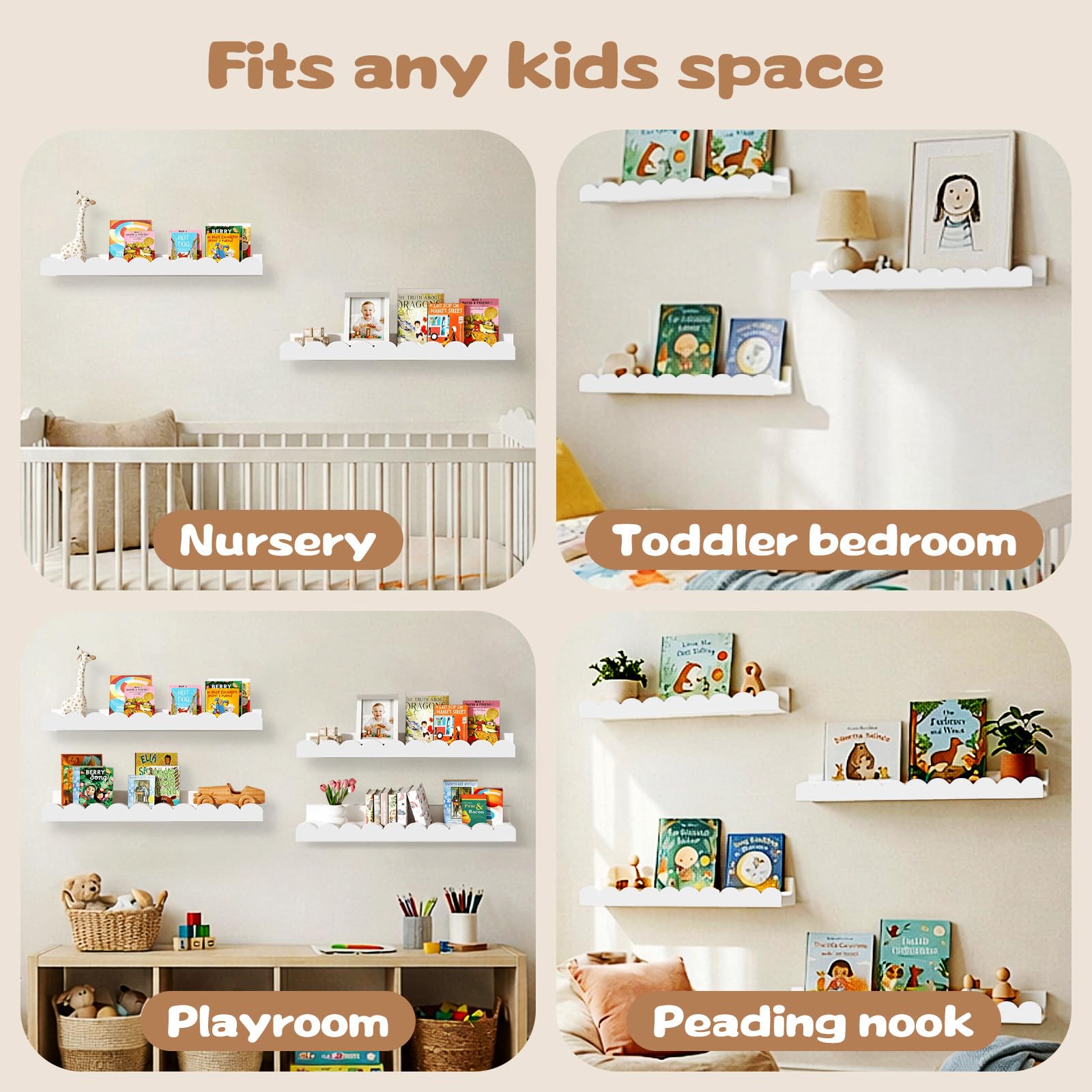 White Floating Shelves for Kids Room - 4 Pack