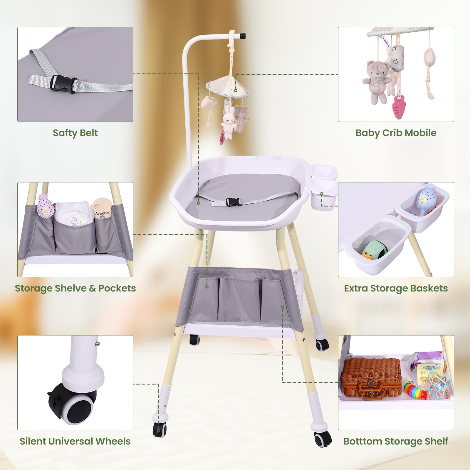 Adjustable Height Baby Changing Table with Mobile
