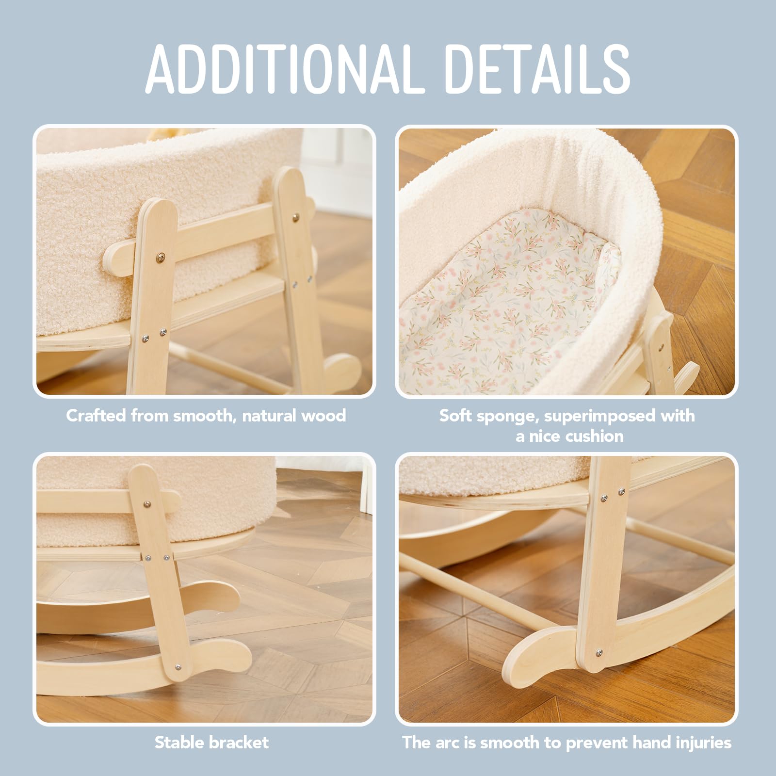 Wooden Doll Bassinet with Boucle Fabric