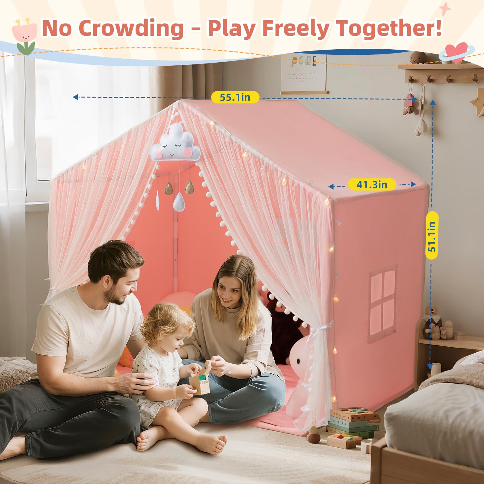 Large Kids Play Tent with Padded Mat and Star Lights