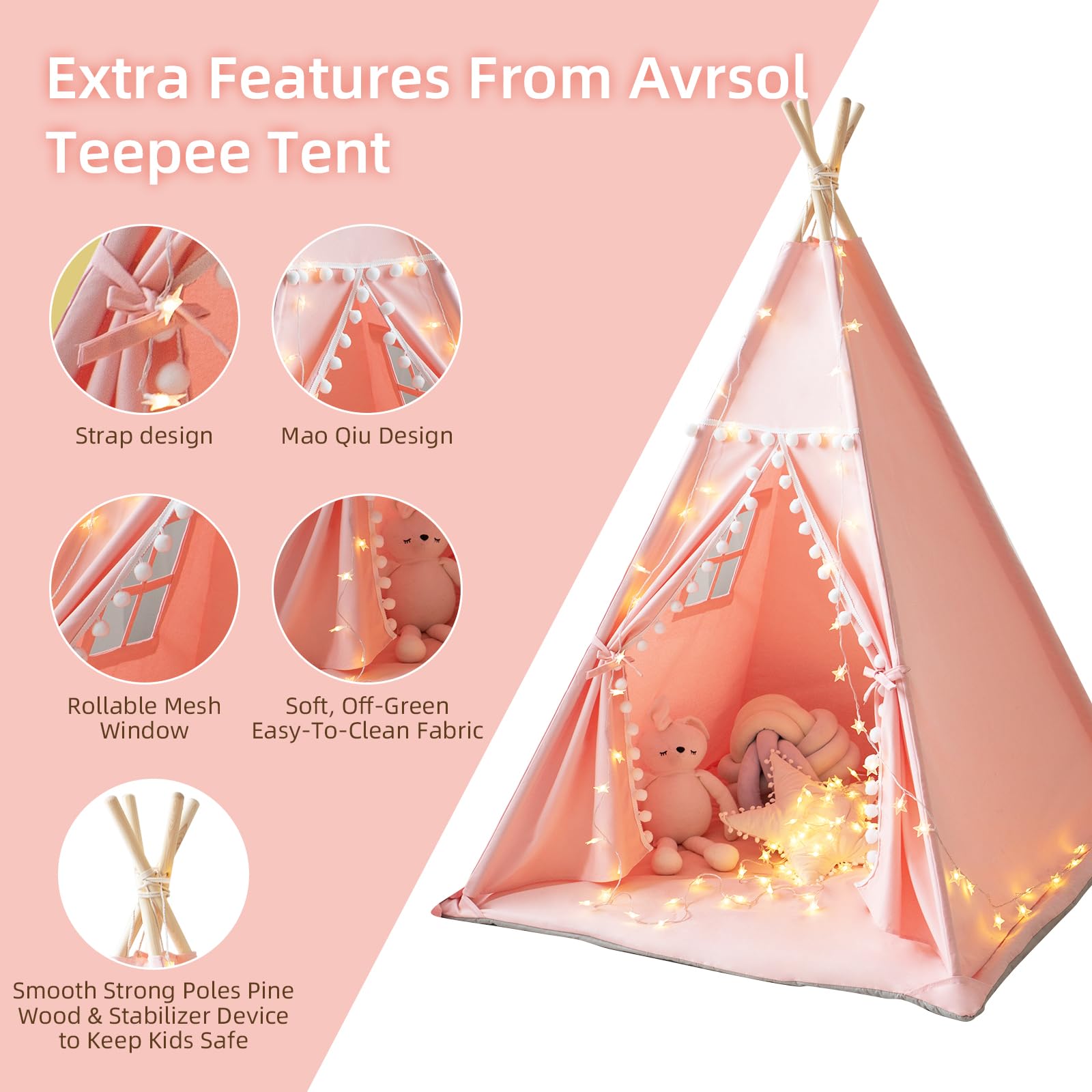 Cotton Canvas Kids Teepee Tent with Mat and Lights