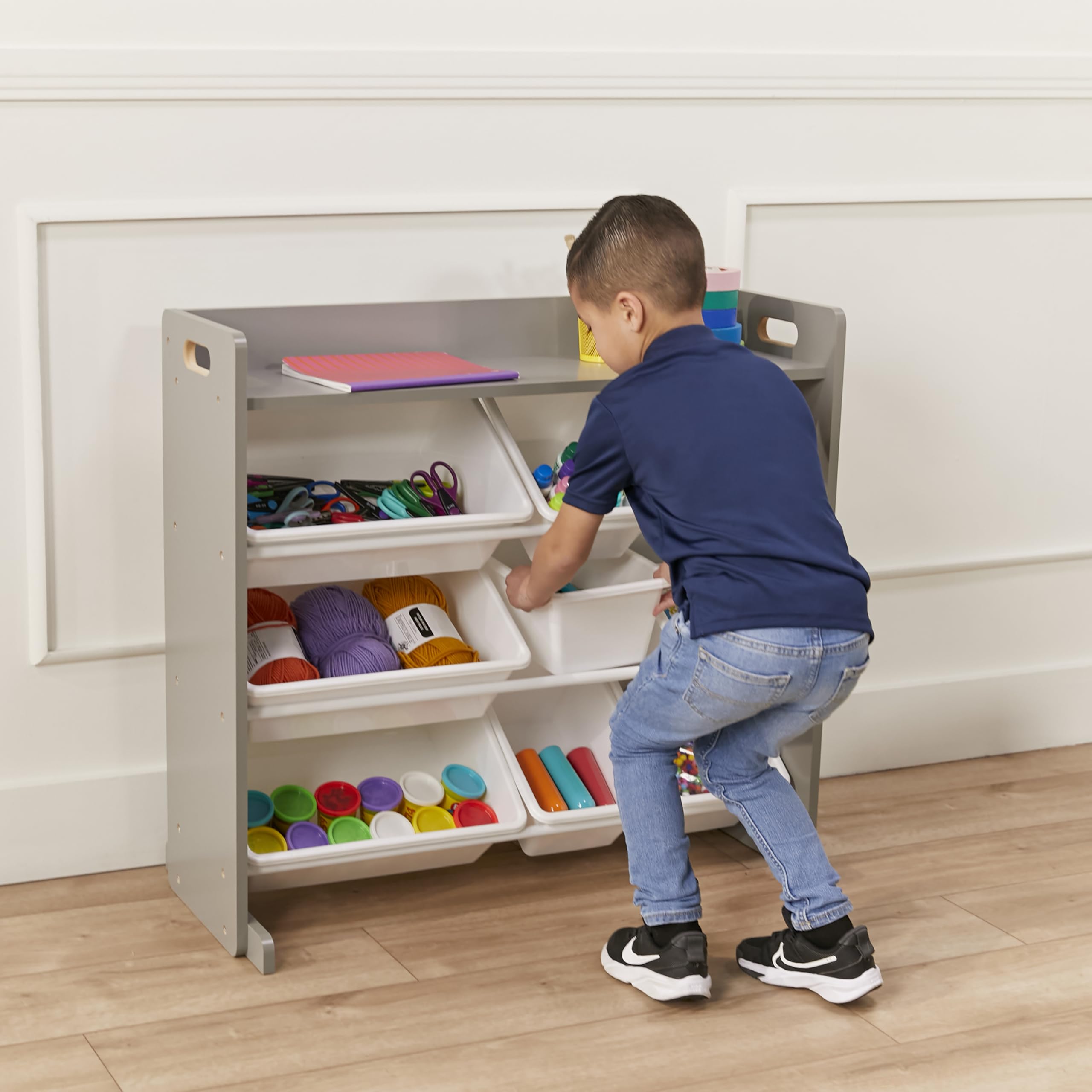 3-Tier Organizer with Shelf and 9 Bins, Toy Storage, Grey/White