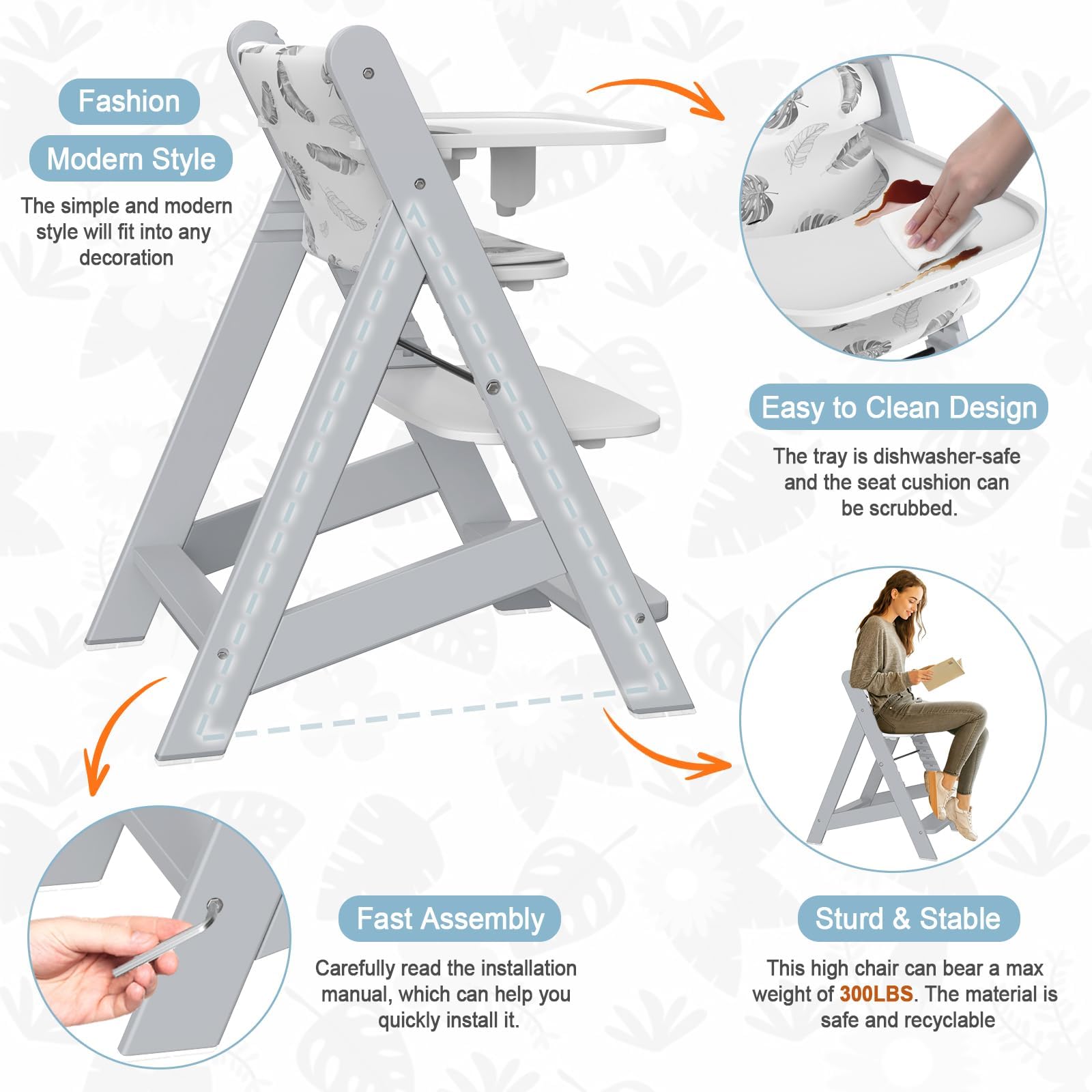 Adjustable Wooden High Chair with Tray
