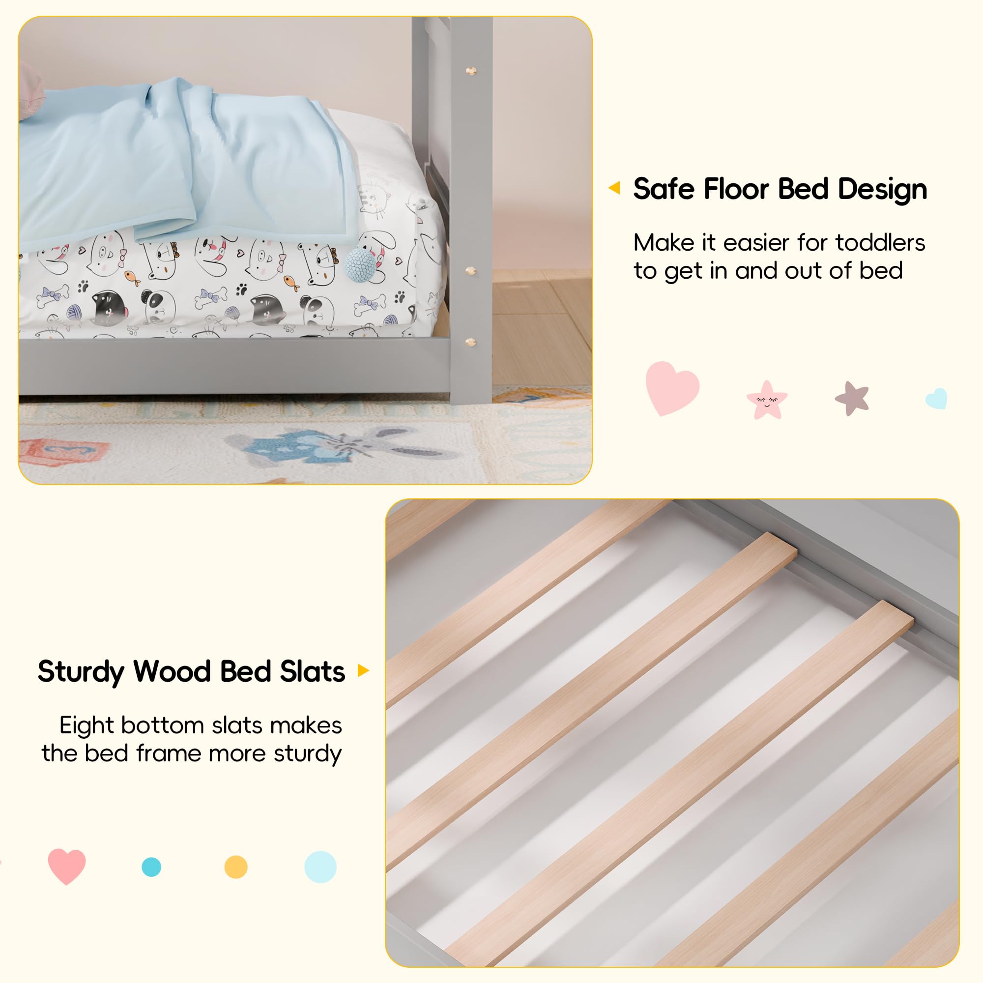 Twin House Bed Frame with Headboard & Footboard - Montessori Floor Bed for Toddlers & Teens