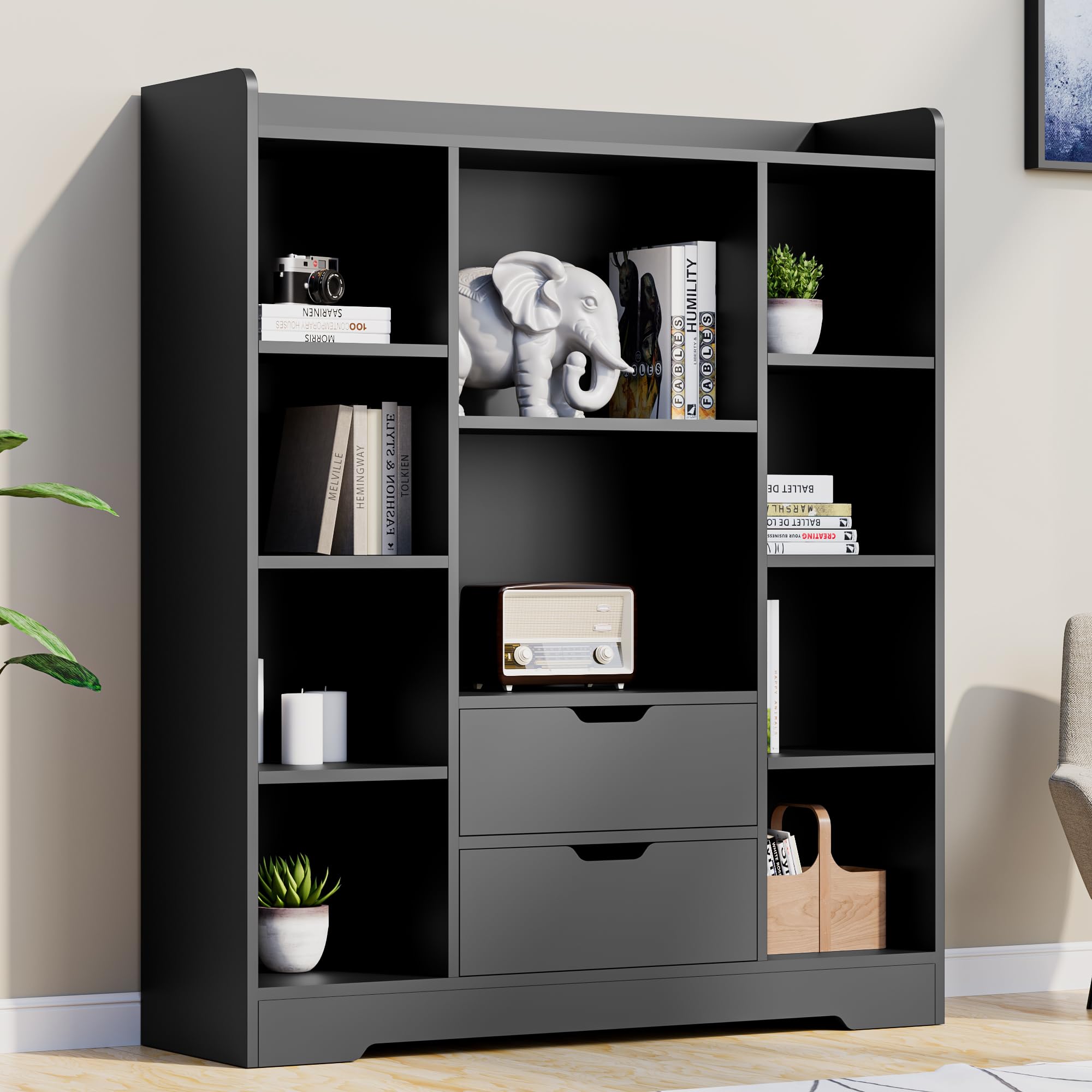 Kids Bookshelf Storage Organizer with 10 Cubes and 2 Drawers