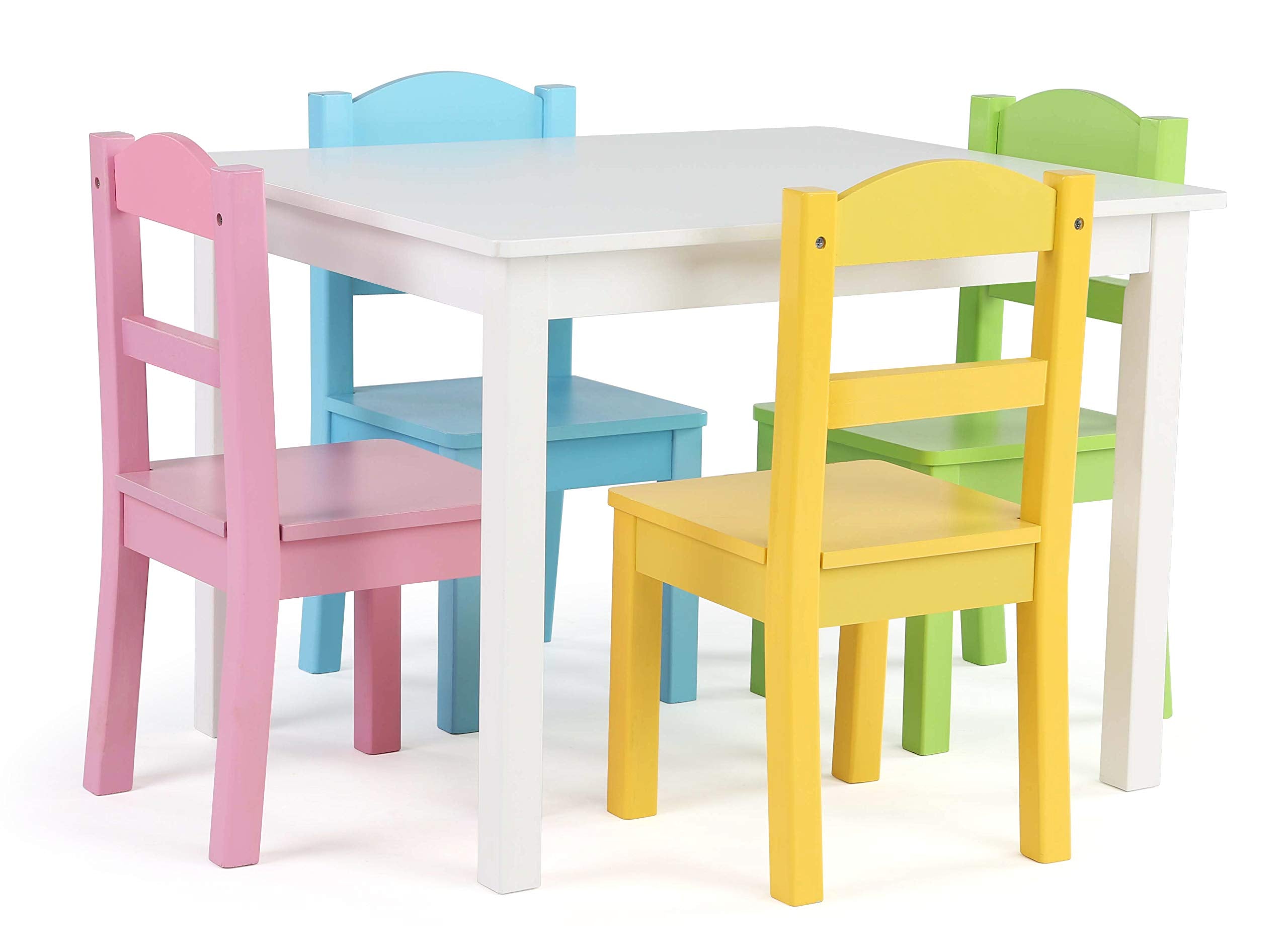 Kids Wooden Table and 4 Chairs Set, White/Pastels - Kids Table and Chair Set