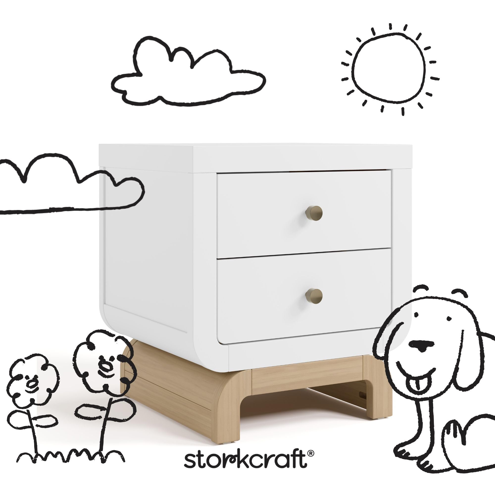 Storkcraft Santorini 2 Drawer Nightstand (White & Driftwood) - GREENGUARD Gold Certified Nightstand for Kids Bedroom, Premium Wood with Curved Base, “Champagne” Metal Knobs