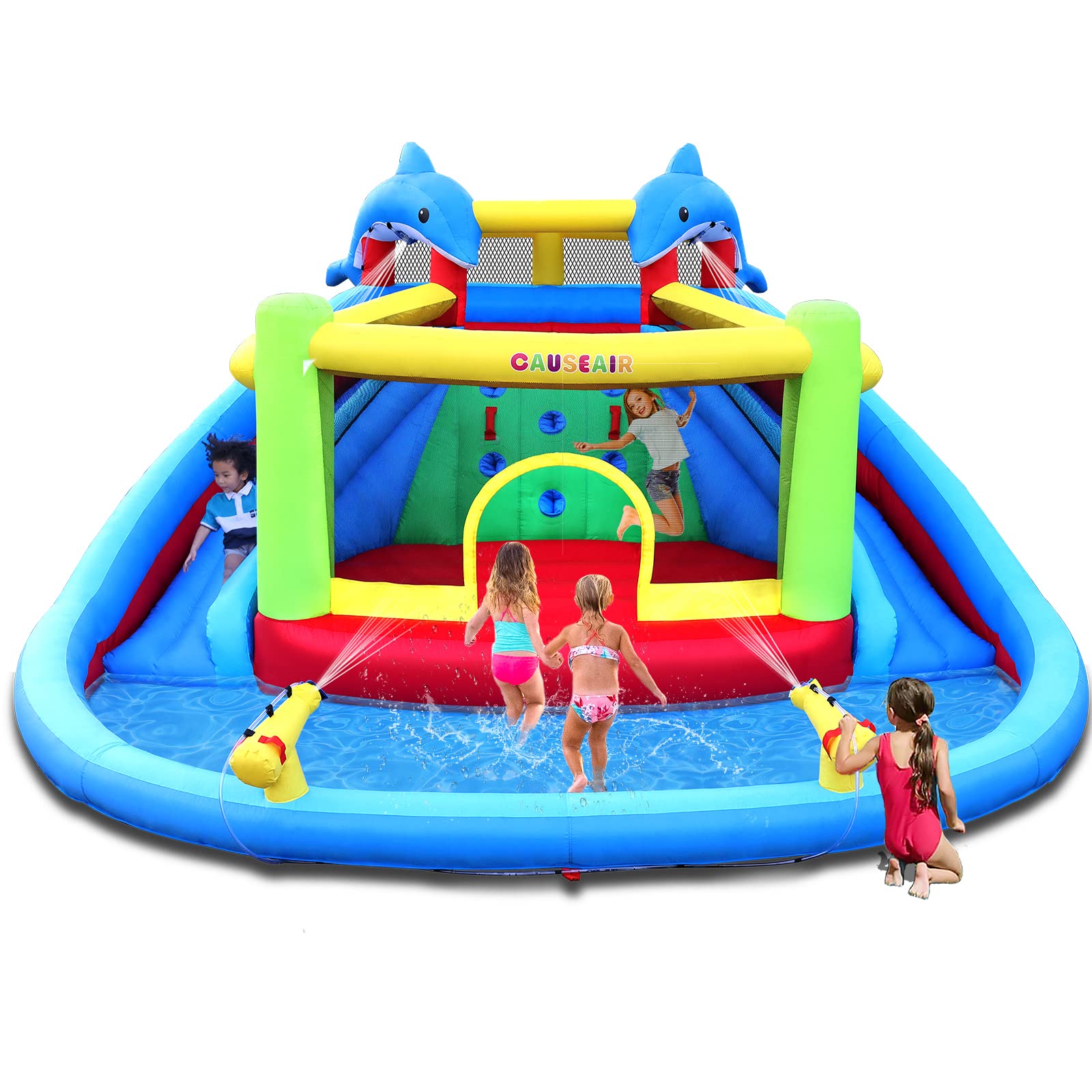 Inflatable Water Slide with Bounce House,Dolphin Styling,Splashing Pool,Double Water