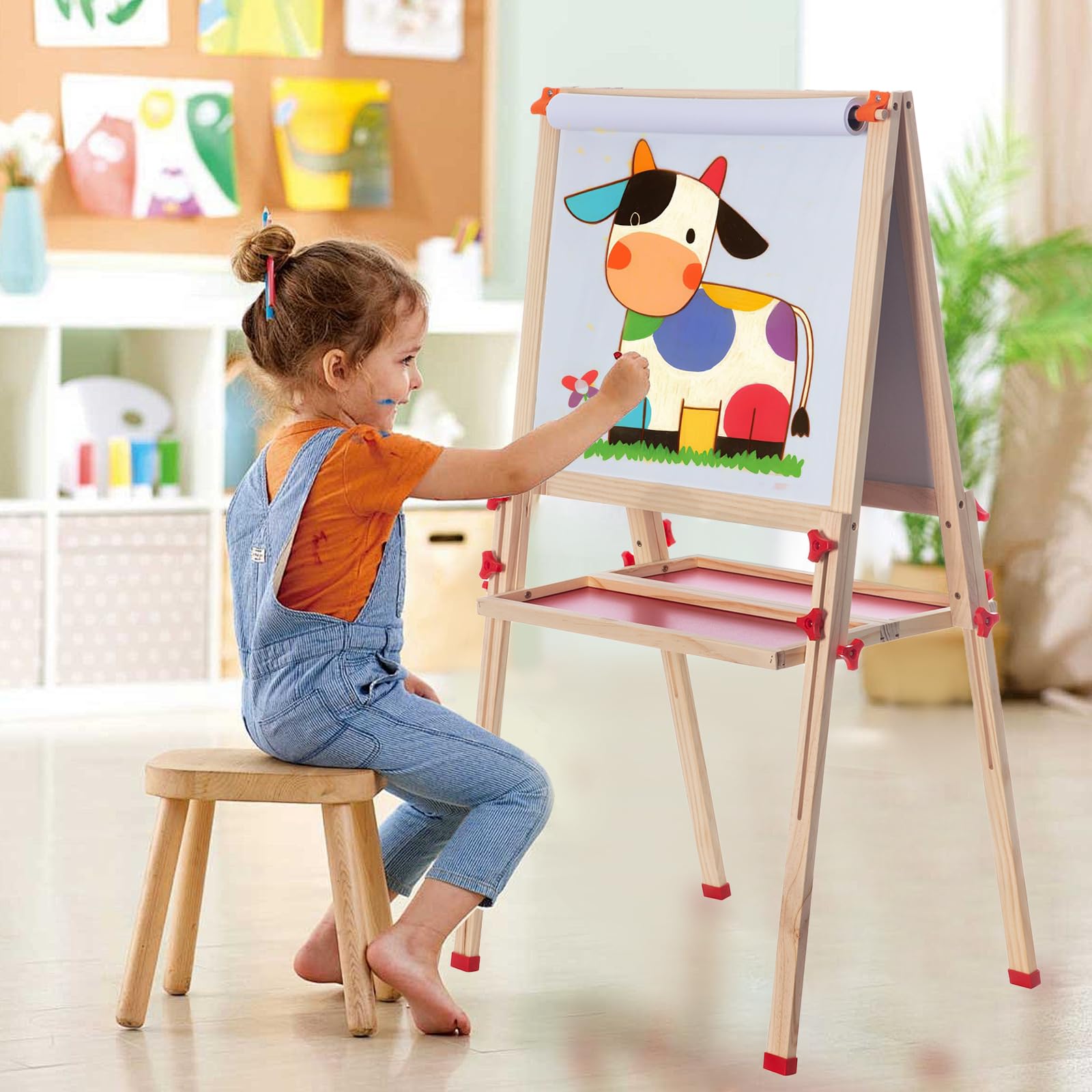 Adjustable Wooden Kids Easel with Paper Roll