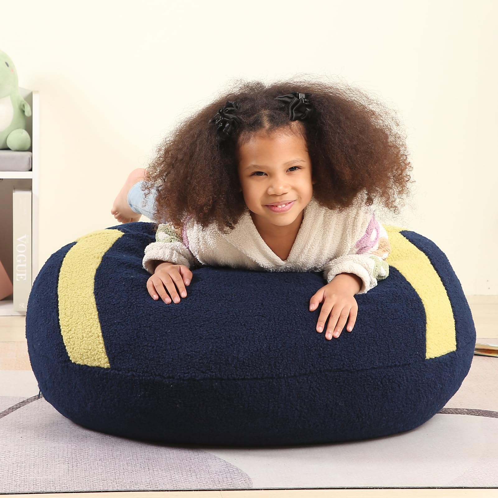 Football Bean Bag Chair for Kids, Cuddly Sherpa, 2.5 feet, Dark Blue