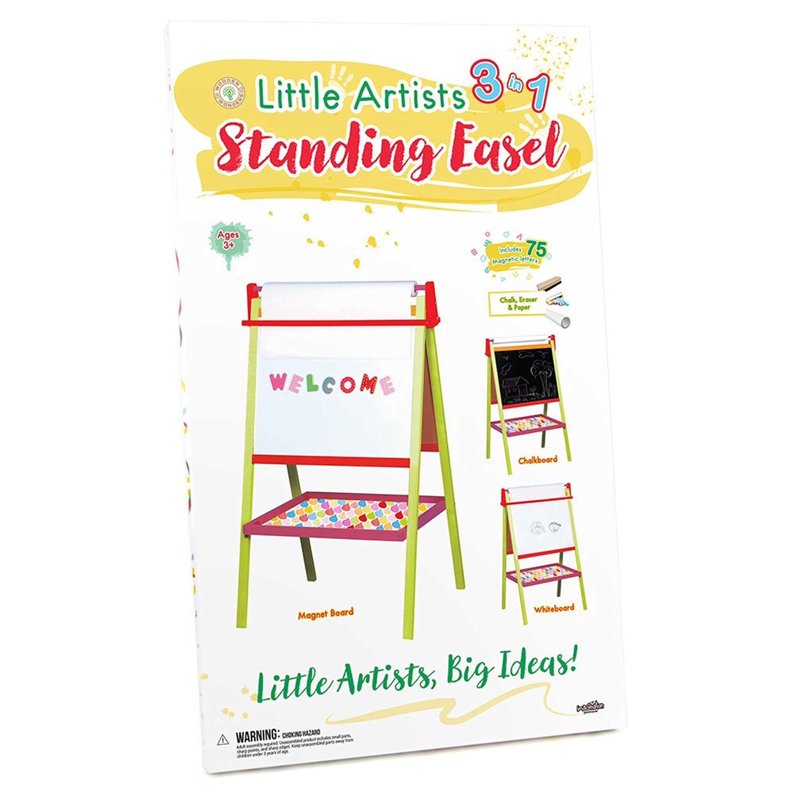 Little Artists 3-in-1 Standing Easel | Includes 75 Magnetic Letters, Rainbow Chalk, Eraser, and Easel Paper | Wooden Wonders Kids Creative Art Drawing Board | Art Class and School Teacher Activity