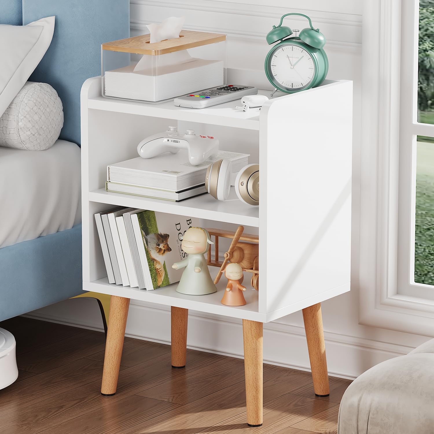 Mid Century Modern Nightstand, White Wood Bedside Table
