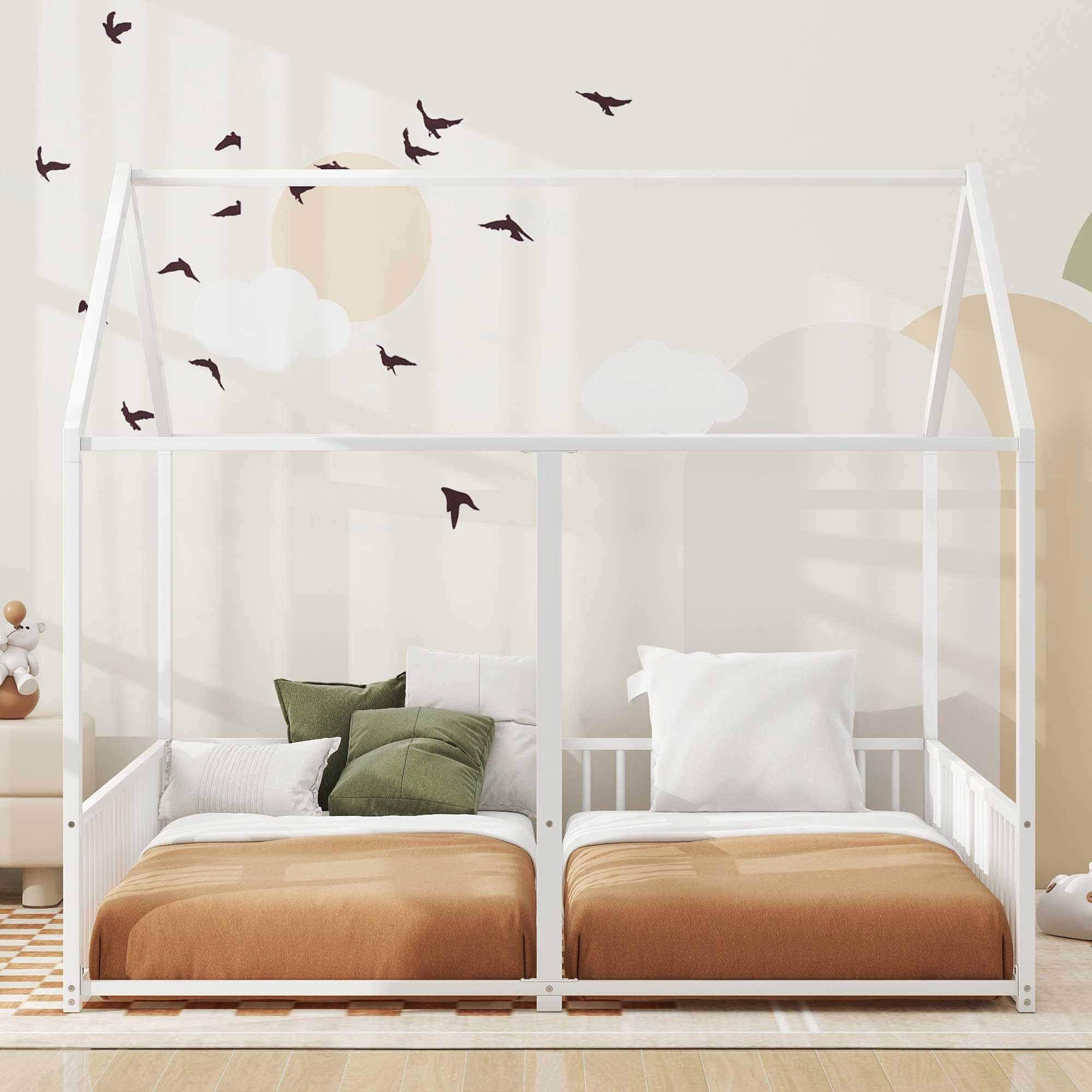 Double Floor Bed for Twins,Twin Size House Bed for 2 Kids,Two Shared Beds,Twin House Platform Beds,Metal Floor Bed Frame with Rails for Girls,Boys(White)