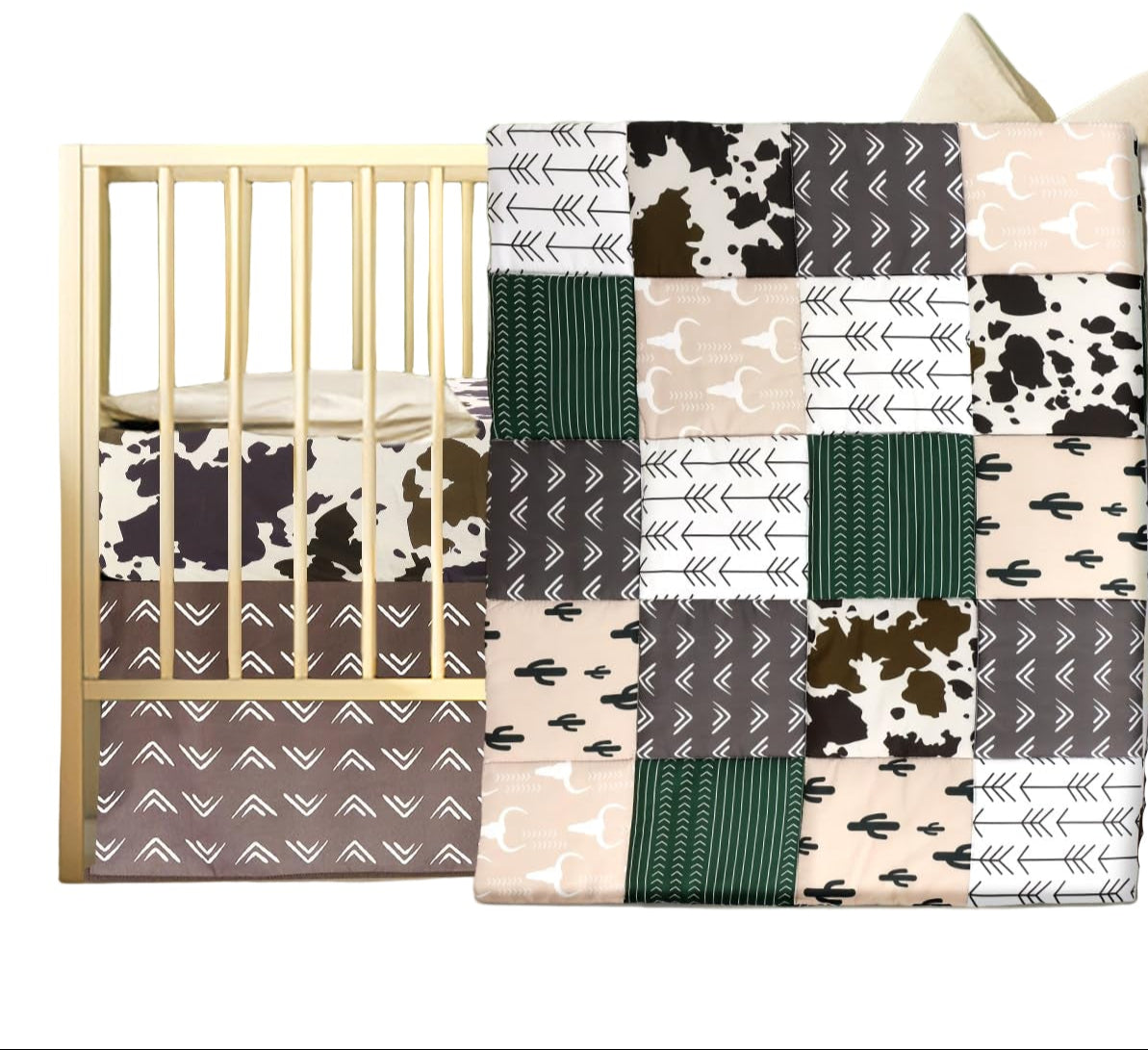 3 Piece Patchwork Western Crib Bedding Set, Neutral Cow Cactus Print Baby Bedding