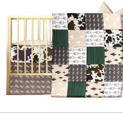 3 Piece Patchwork Western Crib Bedding Set, Neutral Cow Cactus Print Baby Bedding