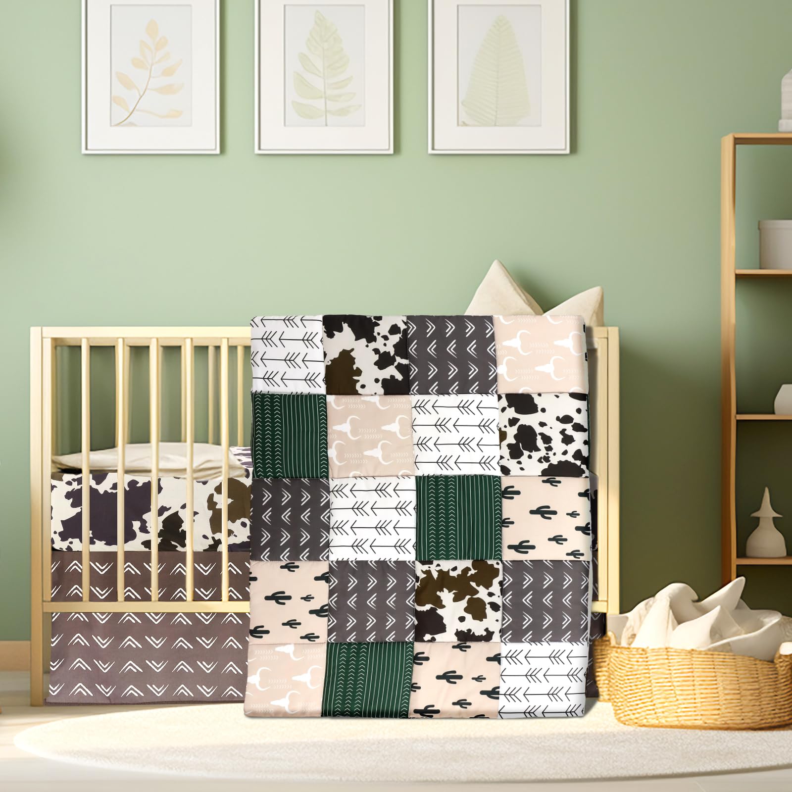 Western Crib Bedding Set 3 Piece Cow Cactus Print