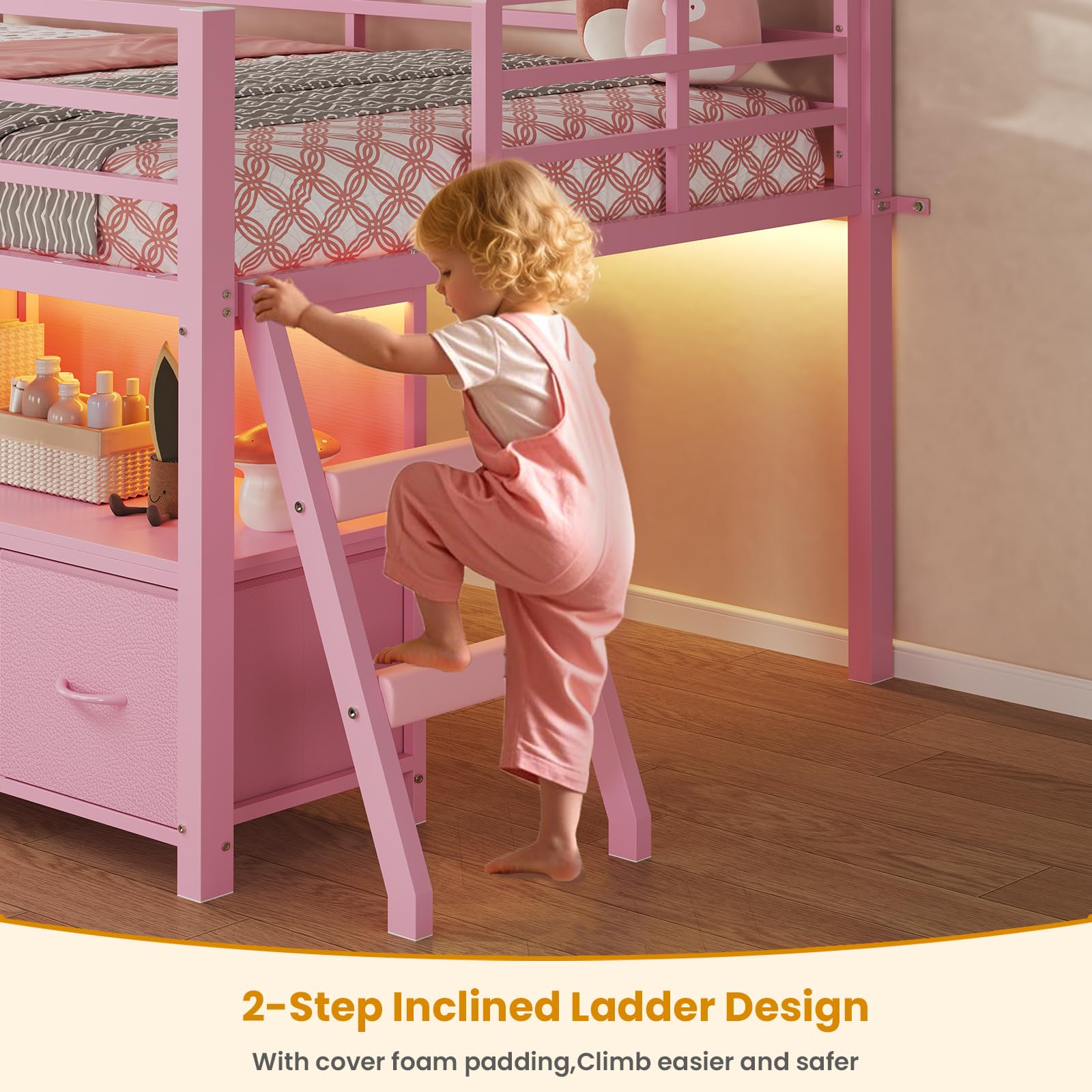 Twin Low Loft Bed with Storage Drawers and LED Lights