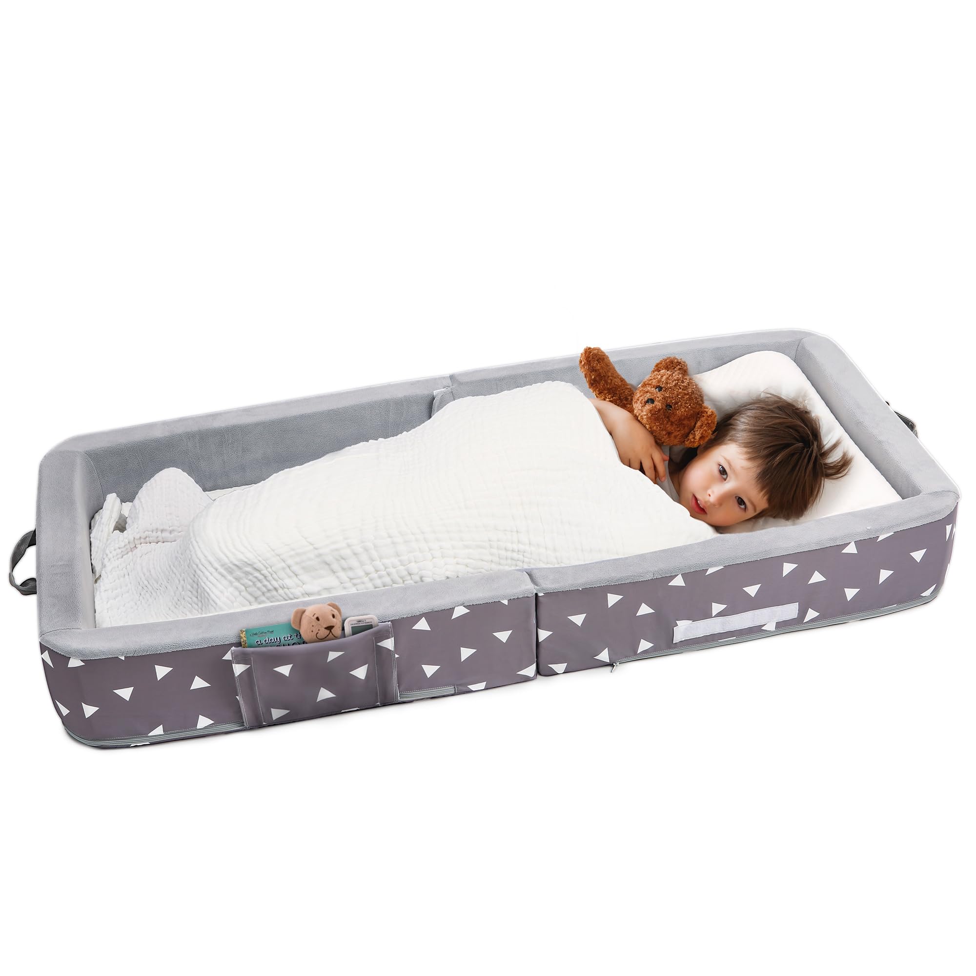 Foldable Toddler Travel Bed with Safety Rails and Washable Cover