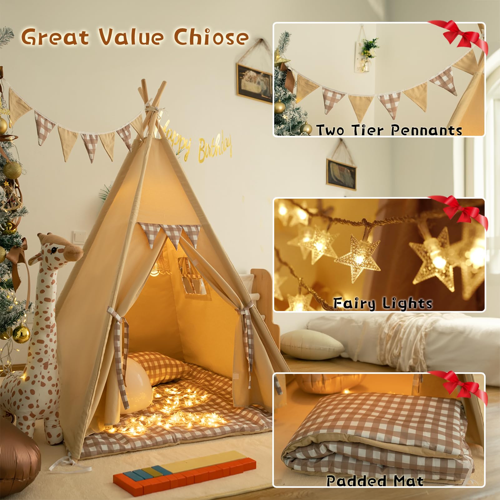 Kids Teepee Play Tent with Padded Mat and Lights