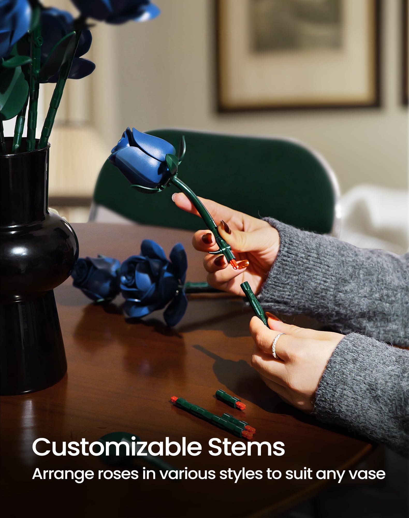 Navy Blue Rose Bouquet Building Set - 12 Piece Botanical Collection