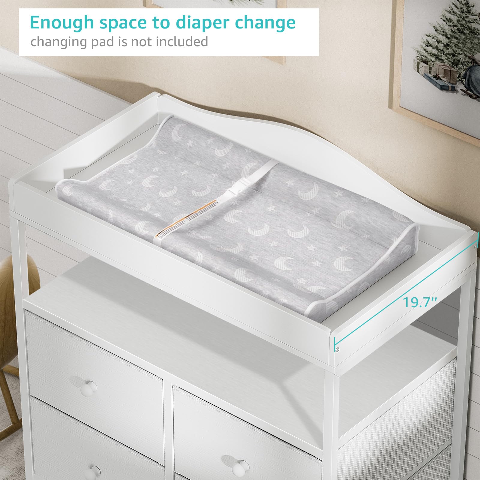 Changing Table Dresser with Fabric Drawers and Open Shelf