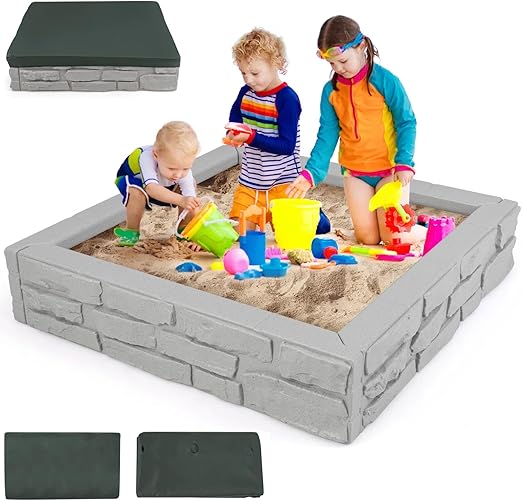 12.5" Kids Sandbox with Cover, 48 x 48 Inch Large HDPE Pit for Backyard