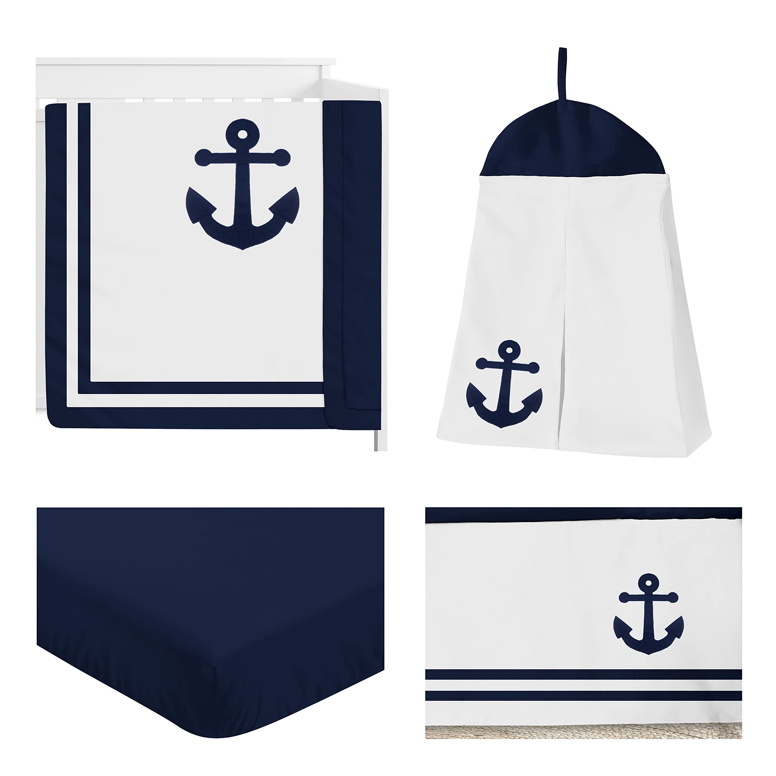 Designs Nautical Anchor Baby Boy or Girl Nursery Crib Bedding Set - 4 Pieces - Navy Blue and White Gender Neutral