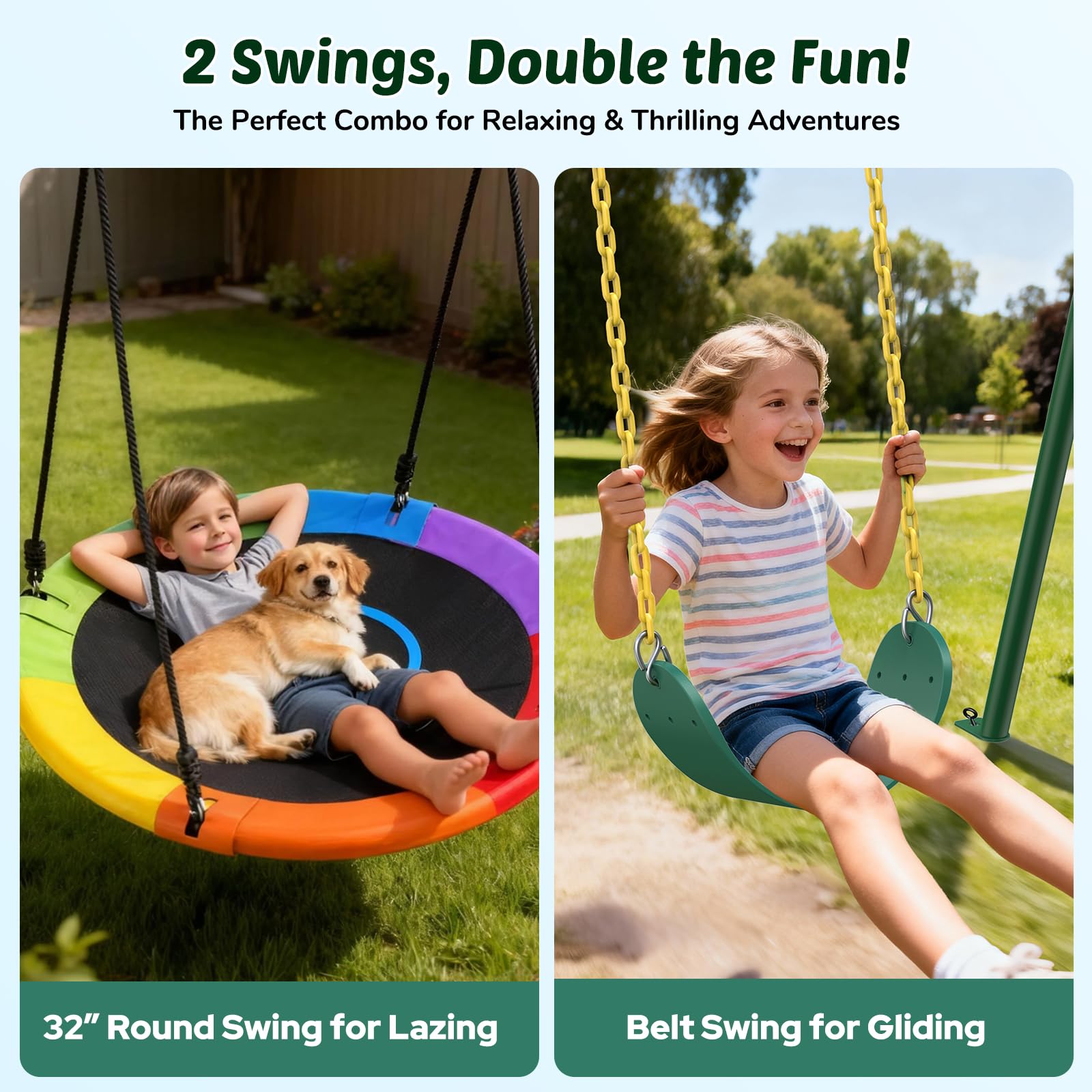 440lbs Capacity 2-Seat Outdoor Swing Set with A-Frame Metal Stand