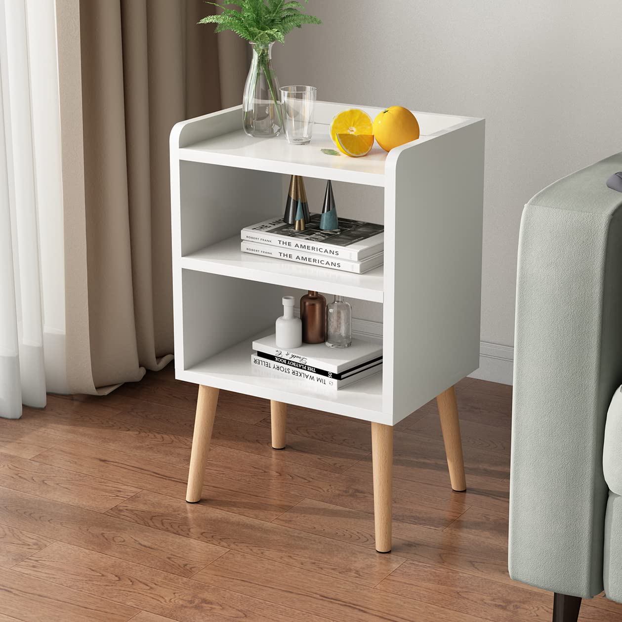 Mid Century Modern Nightstand, White Wood Bedside Table