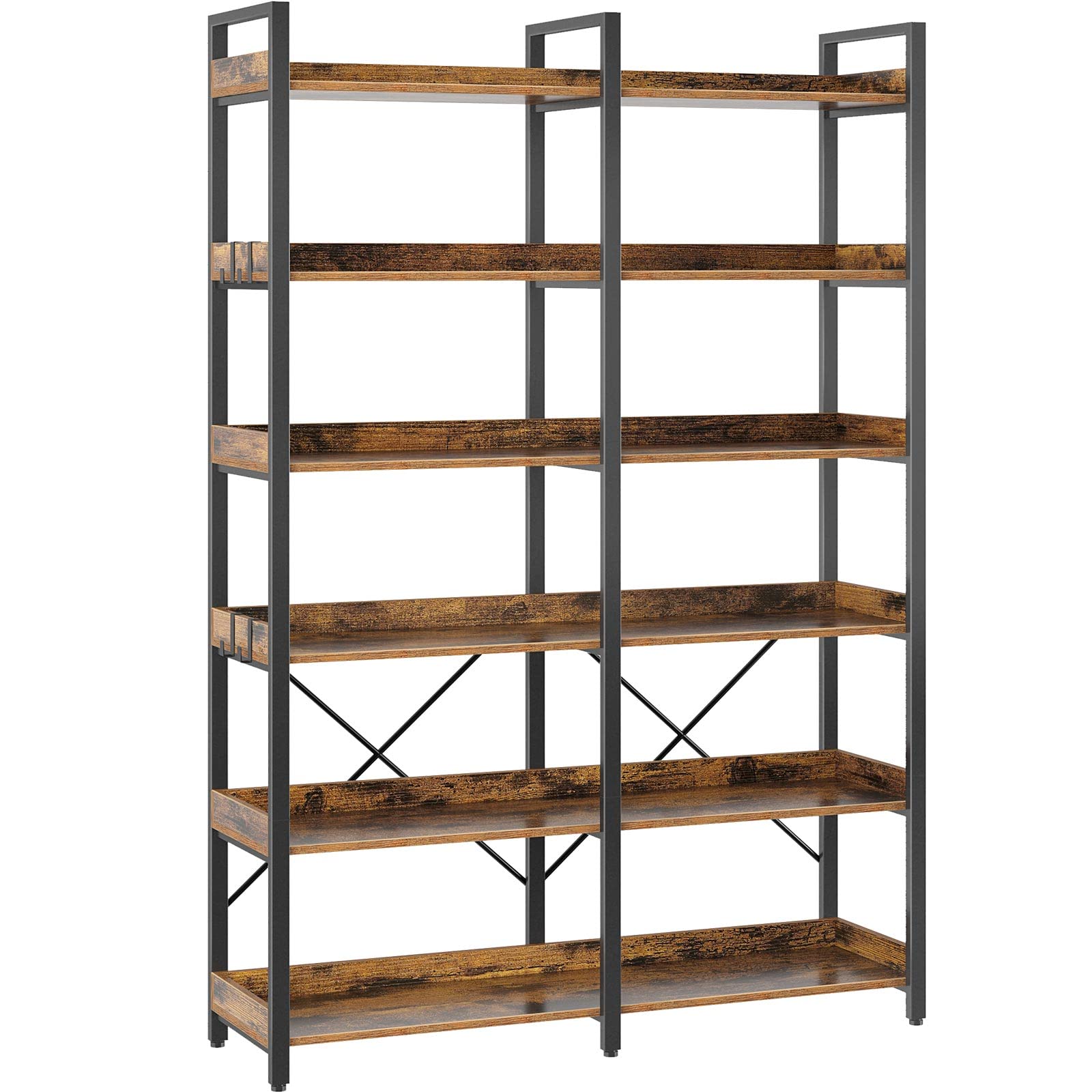 Bookshelf 6 Tier with 4 Hooks, 67” Industrial Wooden Bookcase