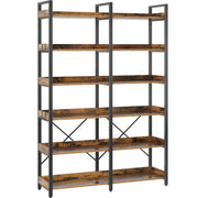 Bookshelf 6 Tier with 4 Hooks, 67” Industrial Wooden Bookcase
