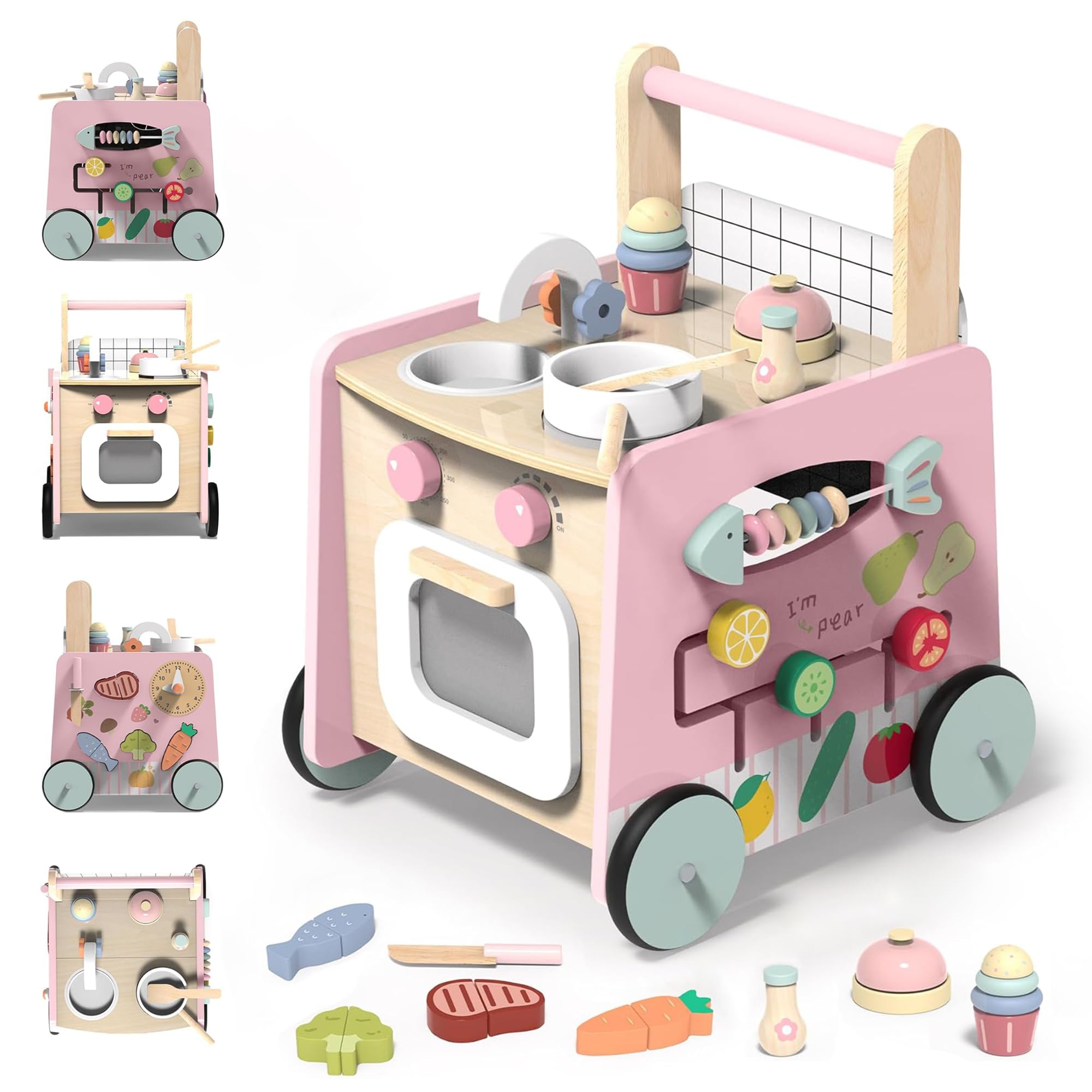 4-in-1 Wooden Baby Walker with Kitchen Play Set
