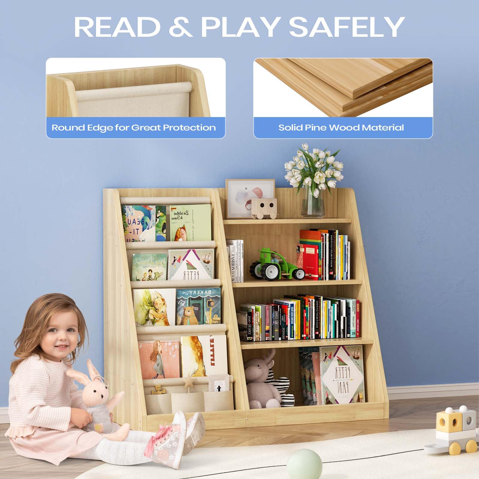 4 Tier Wooden Kids Bookshelf and Toy Storage Organizer