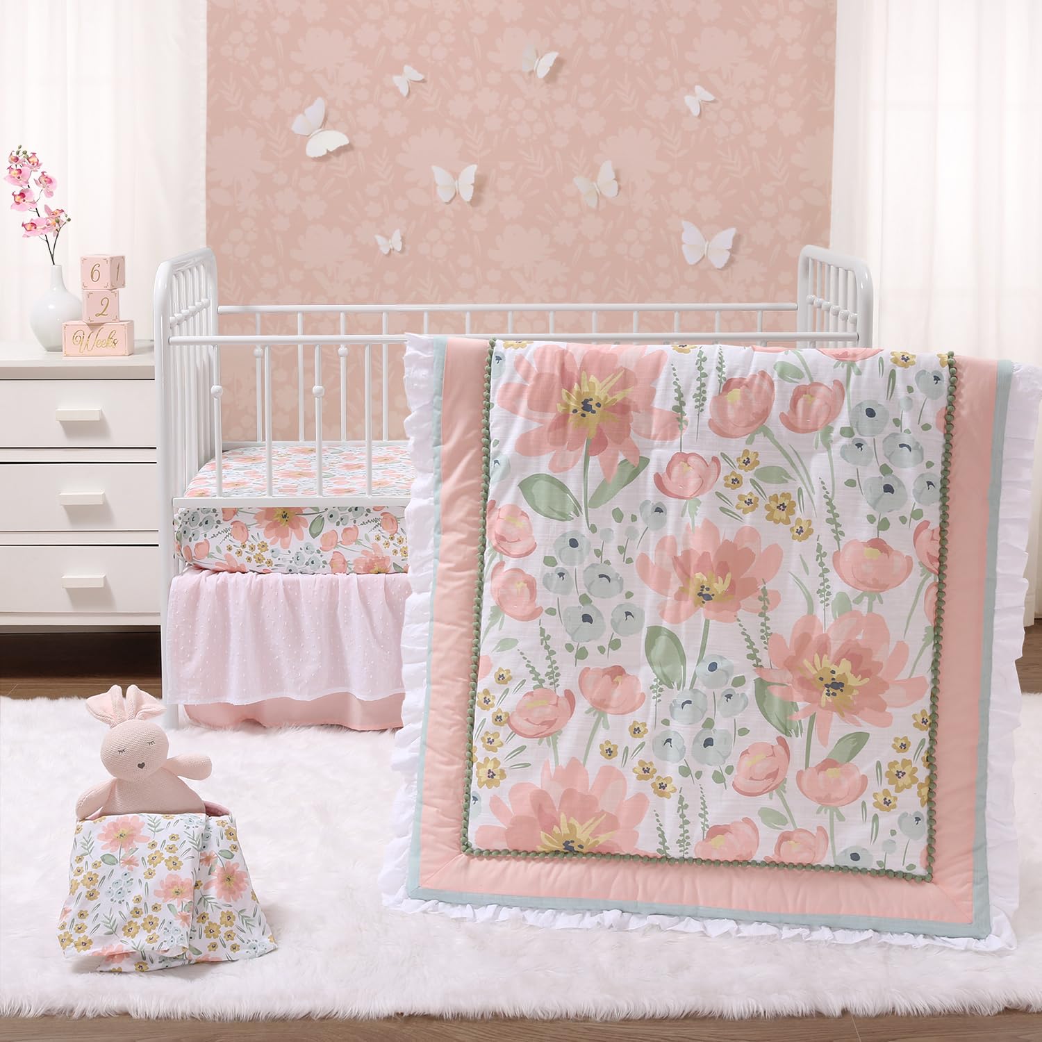 Organic Cotton Baby Crib Bedding Set 4-Piece with Sheets, Quilt & Dust Ruffle