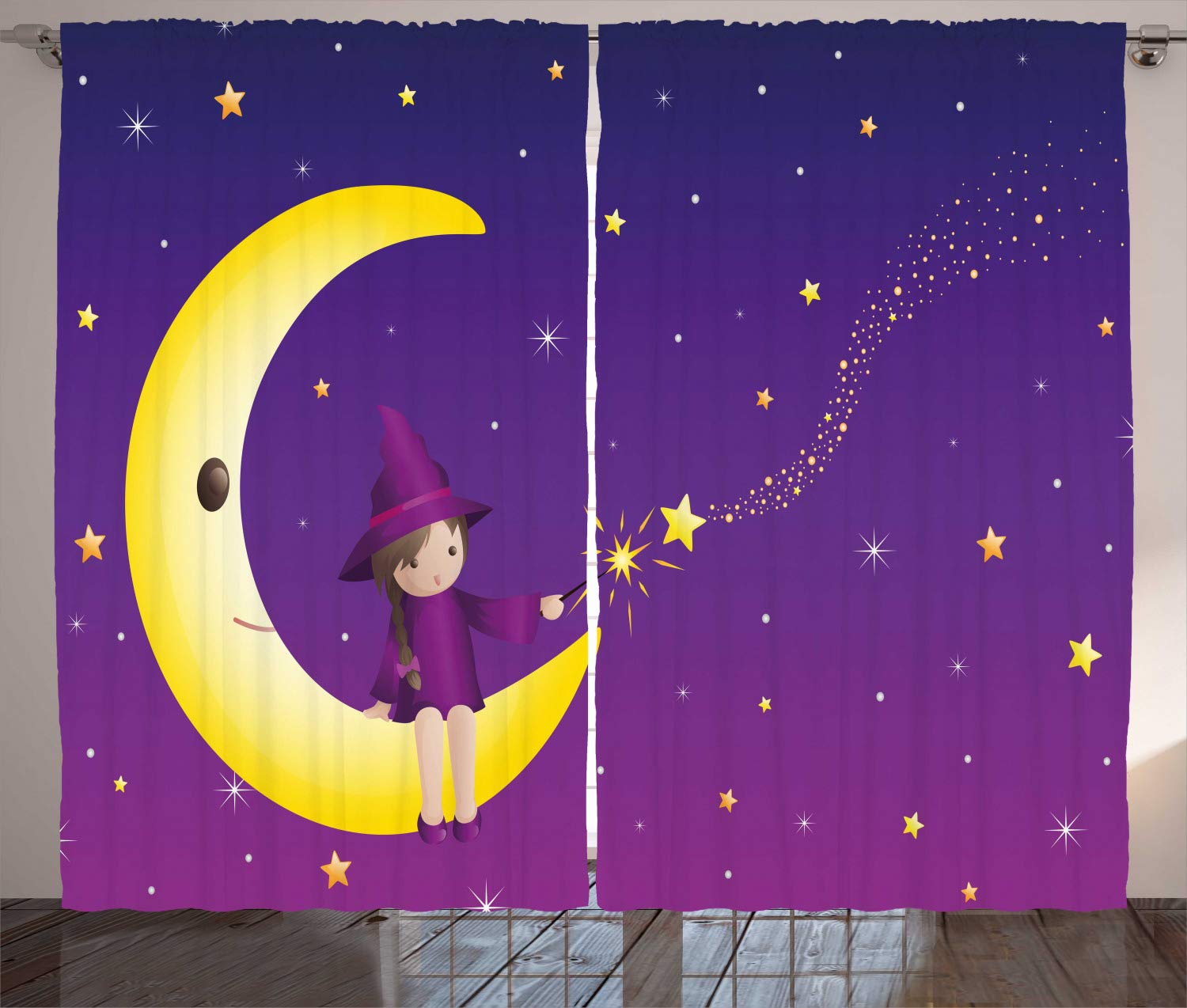 Wizard Curtains, Girl with Magic Wand Sitting on Crescent Moon Starry Purple