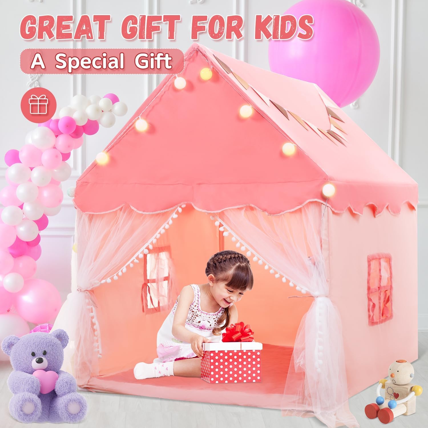 Kids Play Tent with Star Lights and Padded Mat - Light Pink