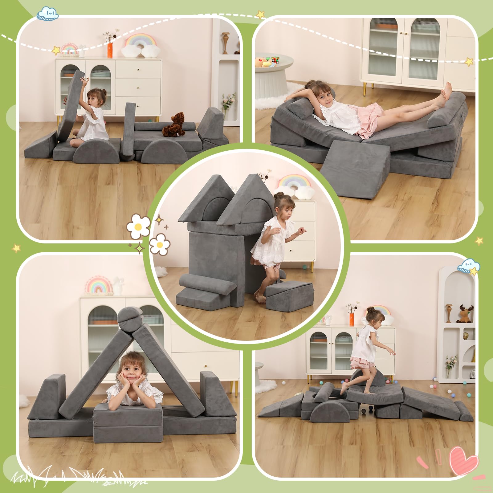 12-Piece Modular Kids Play Couch - Convertible Foam Climbing Sofa