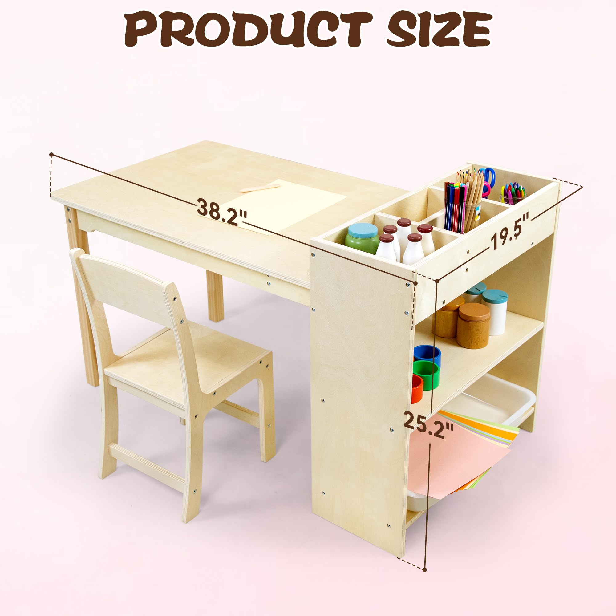 Birch Wood Kids Art Table and Chair Set with Storage
