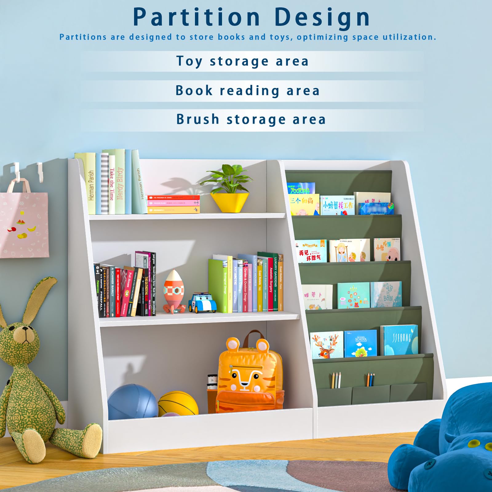 3-Tier Kids Bookshelf with Storage Bags