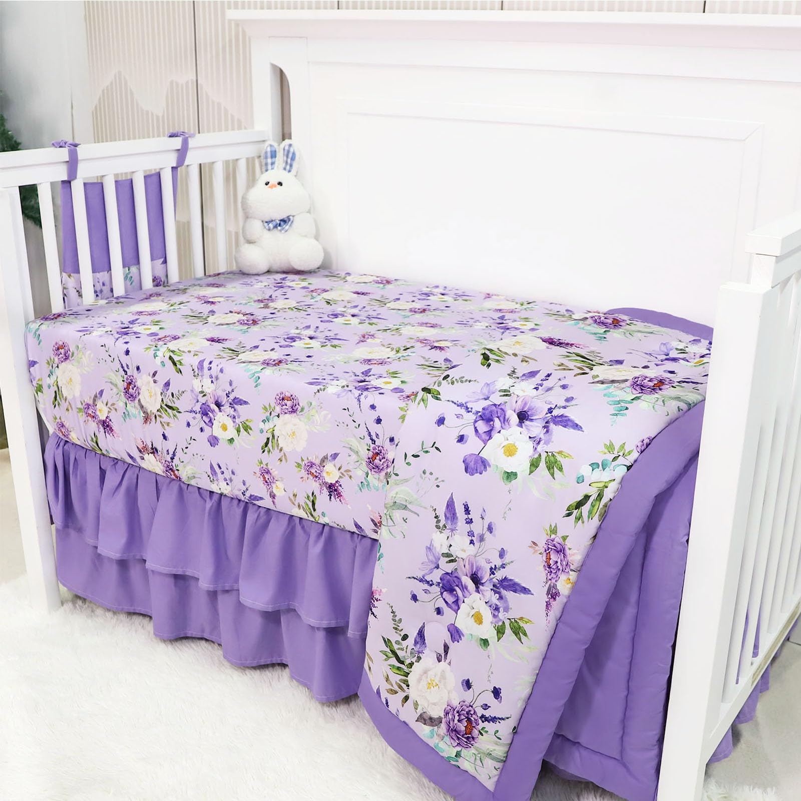 CARUILI Crib Bedding Set for Girls, Purple Baby Crib Bedding Set 4 Piece, Baby Girl Nursery Bedding Set Including Comforter, Fitted Crib Sheet, Crib Skirt, Diaper Stacker, Floral
