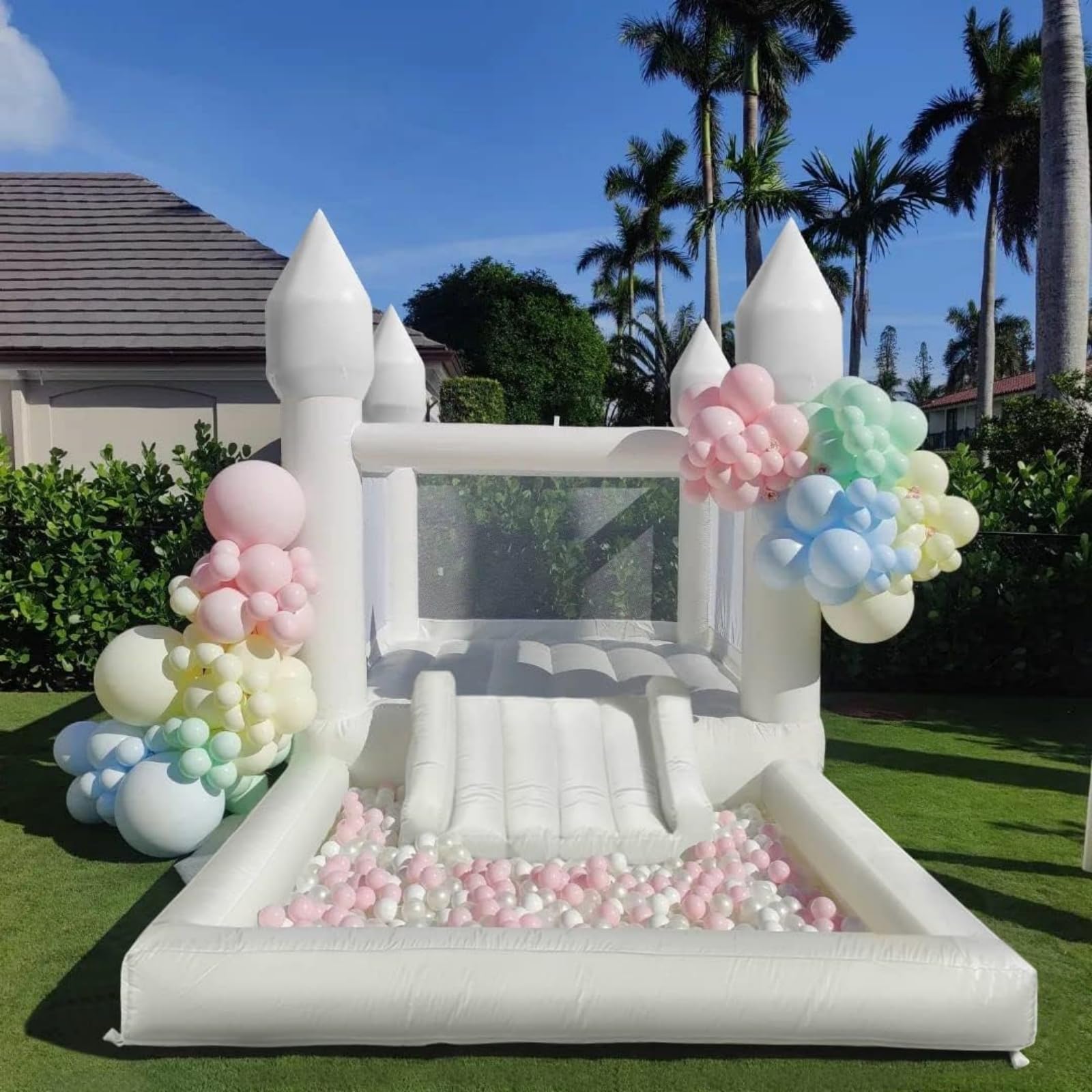 Inflatable White Bounce House for Kids with UL Blower-Portable, Large Ball Pool and Jump