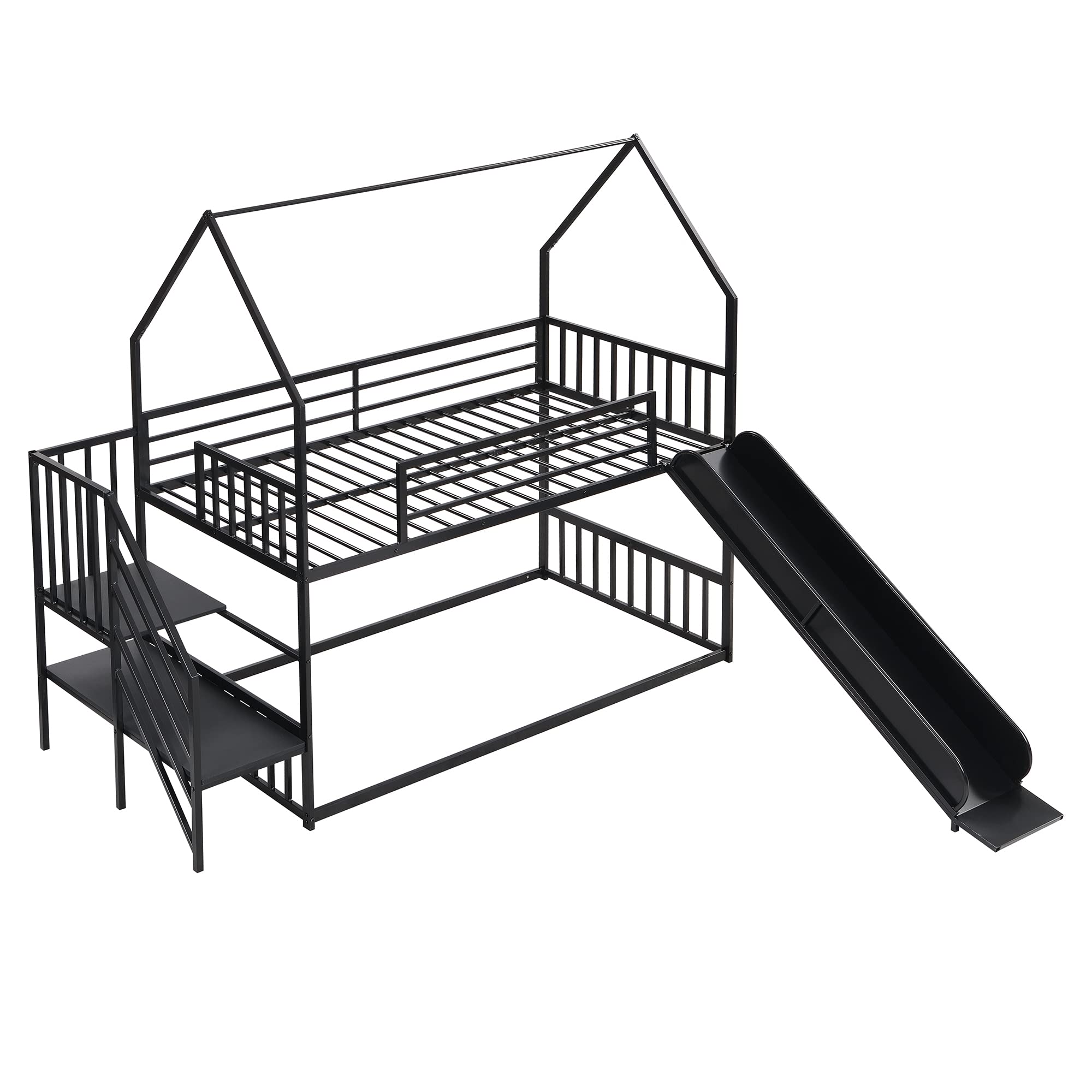 Metal Bunk Bed with Slide and Storage Stairs