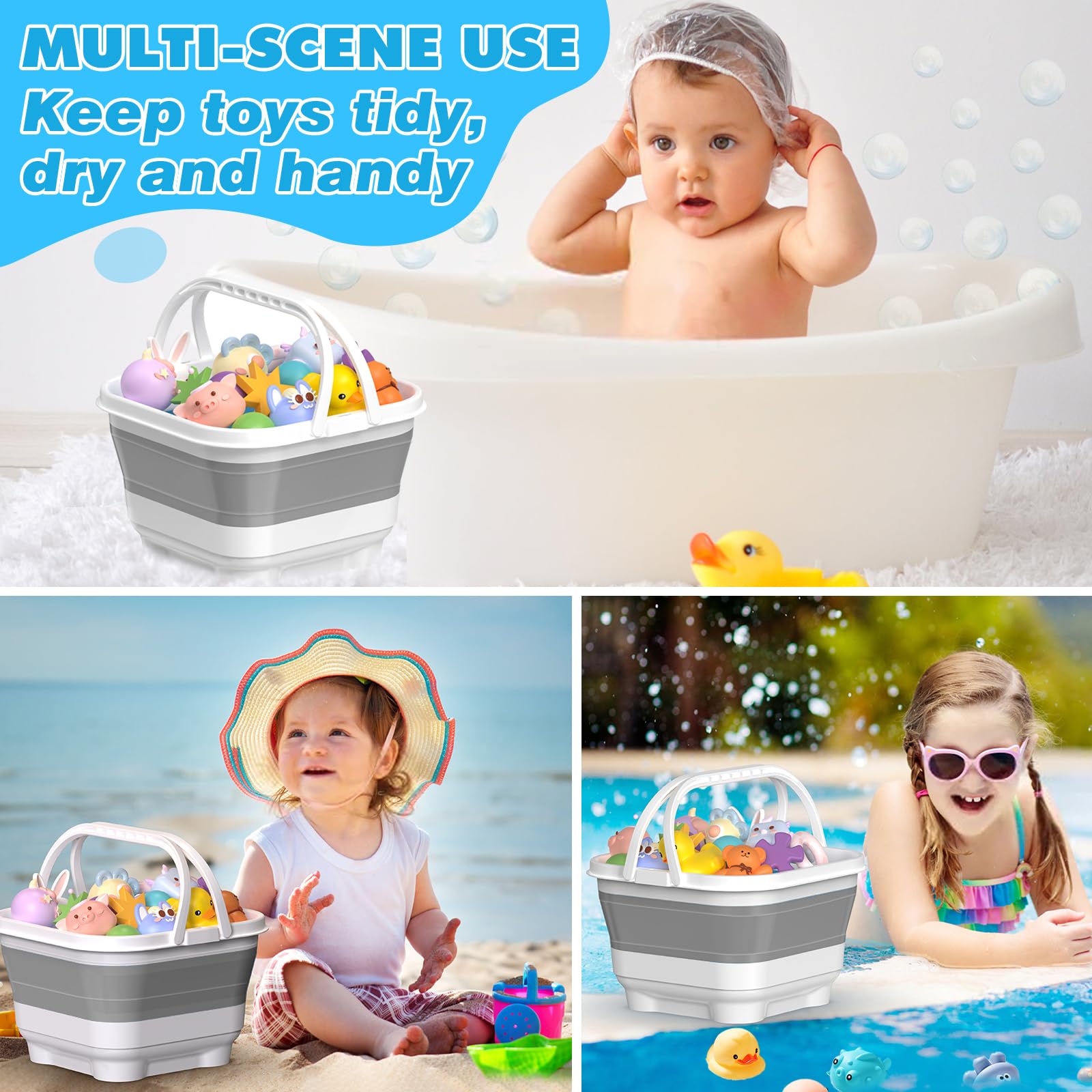 Foldable Bath Toy Storage Organizer with Drain Base Gray
