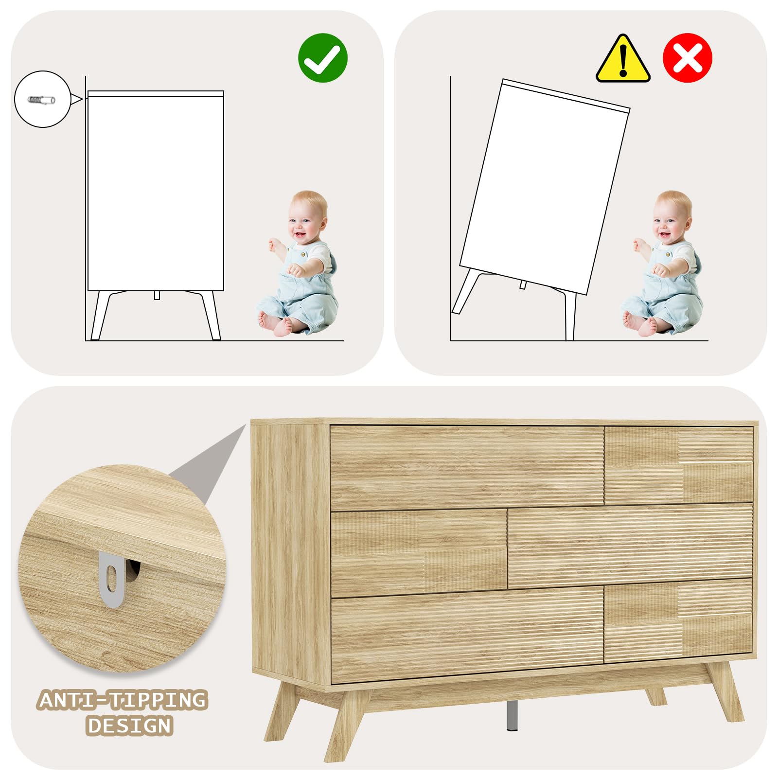 Fluted 6-Drawer Dresser for Bedroom 47 Inch Wide Handleless Chest