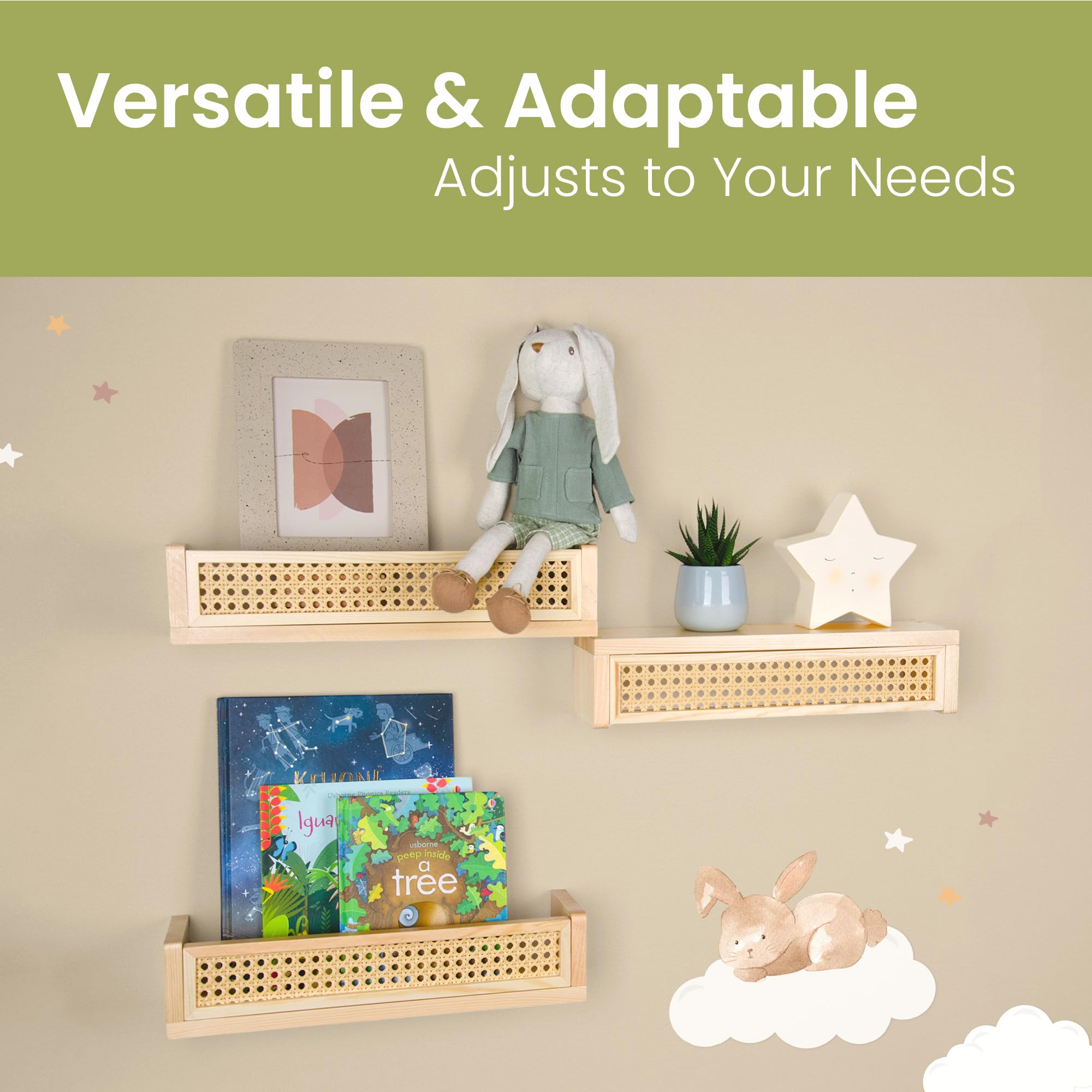 Rattan Wall Shelf 3-Pack Floating Bookshelf for Nursery
