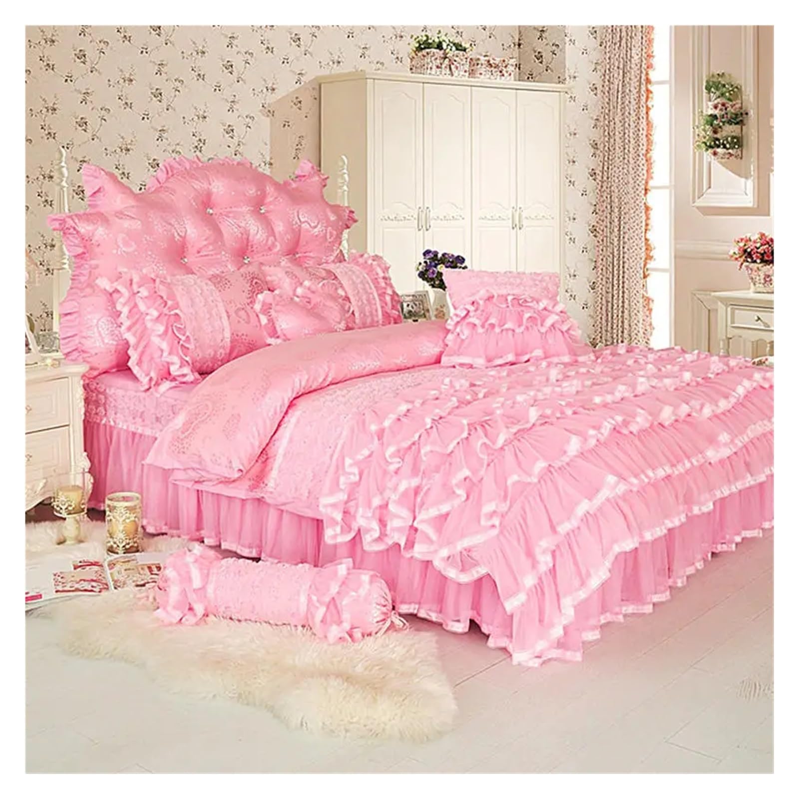 Princess Style Lace Pink Bedding Set Luxury Twin Queen King Size Bed Set