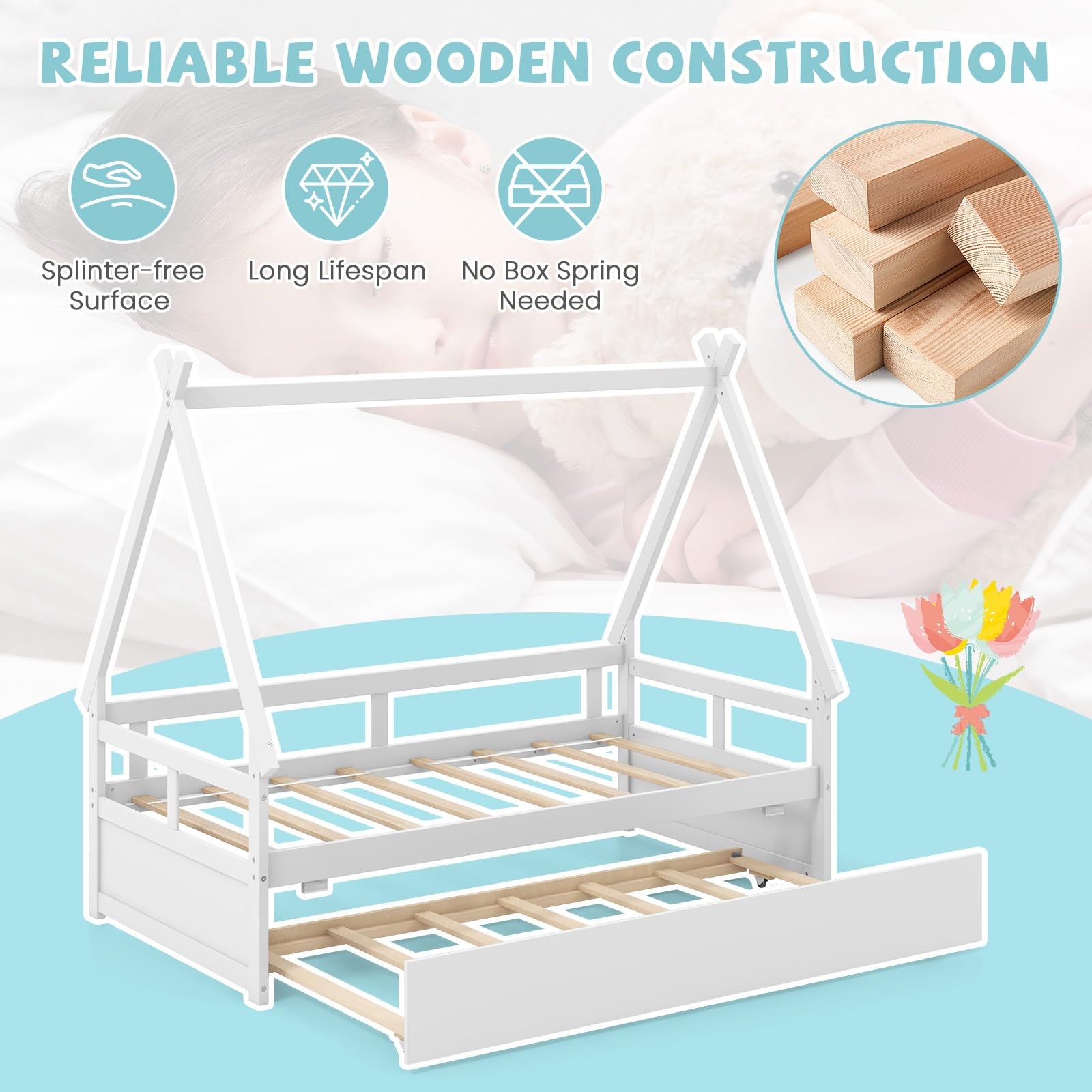 Giantex House Bed with Trundle Twin, Wood Montessori Bed Frame with Safety Guardrail, Low Kids Teepee Bed for Boys Girls Teens, No Box Spring Needed, White