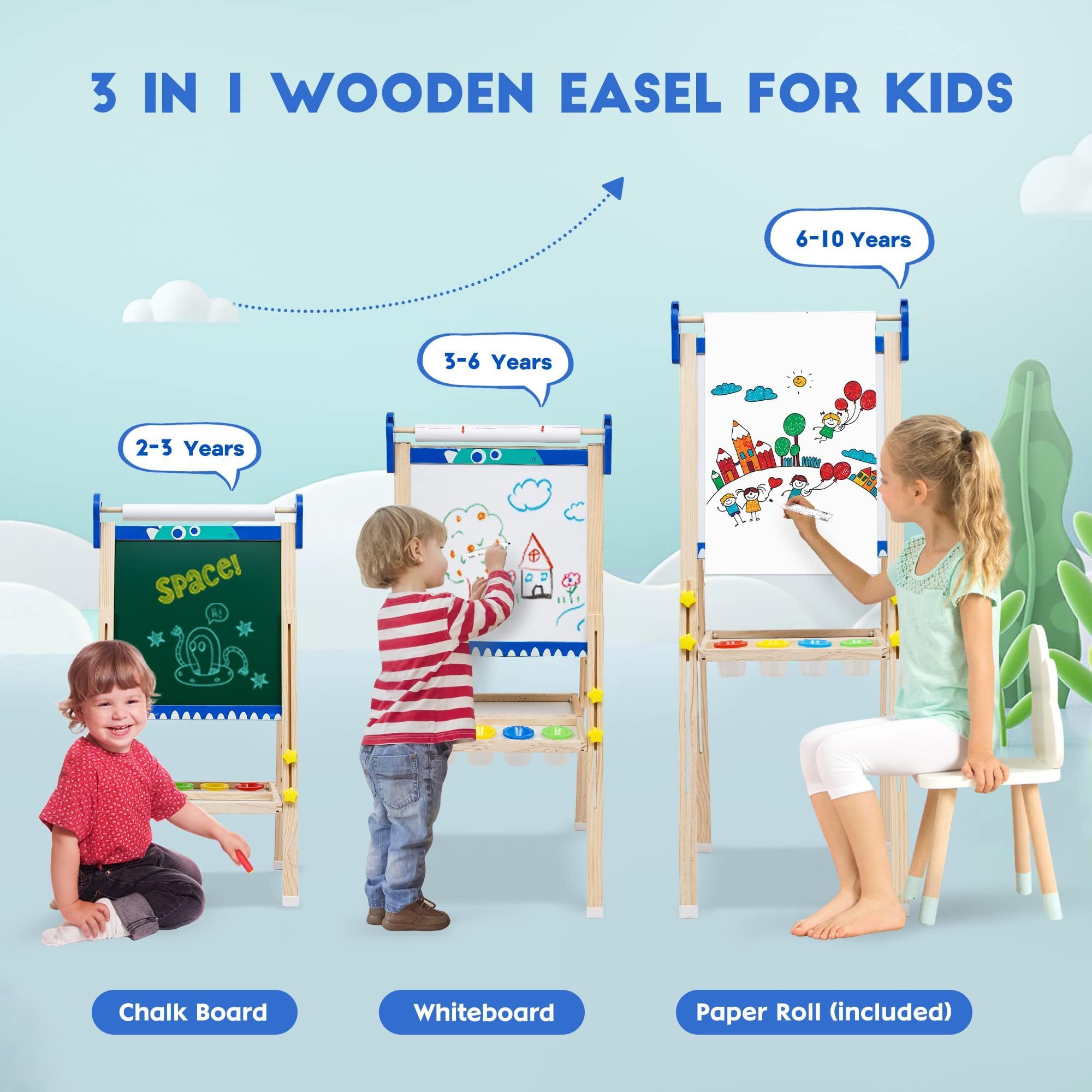 Kids Wooden Art Easel with Paper Roll,Foldable Double-Sided Easel with Whiteboard & Chalkboard,Height-Adjustable Drawing Board for Girls Boys Toddlers Aged 3-5/4-8,Ideal Gift for Christmas,Birthday