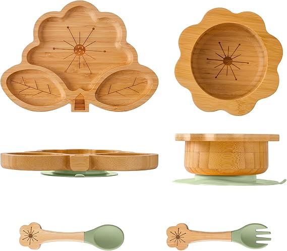 Suction Plates Bowls Set for Baby Toddler - Includes Bamboo Bowl