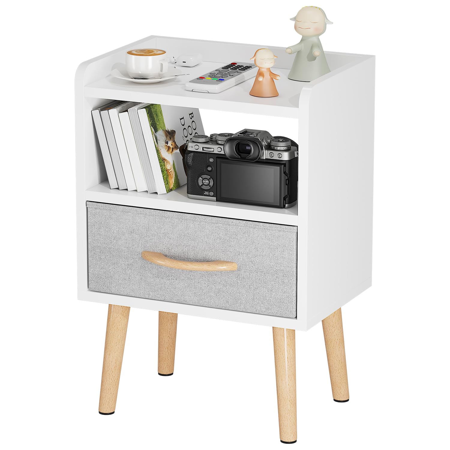 White Night Stand with Drawer, Mid Century Modern Bedside Table